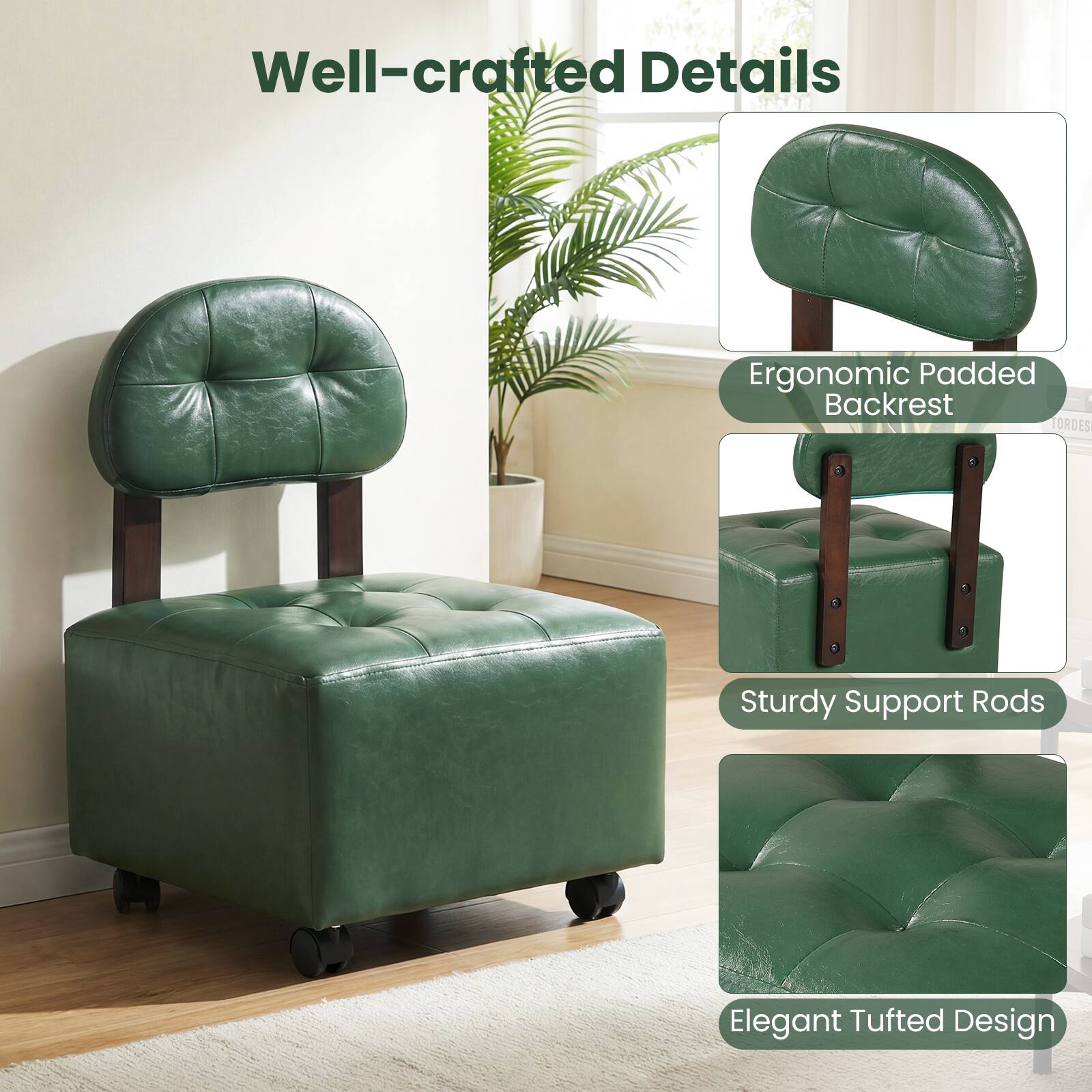 Well-crafted Details

- Ergonomic Padded Backrest
- Sturdy Support Rods
- Elegant Tufted Design