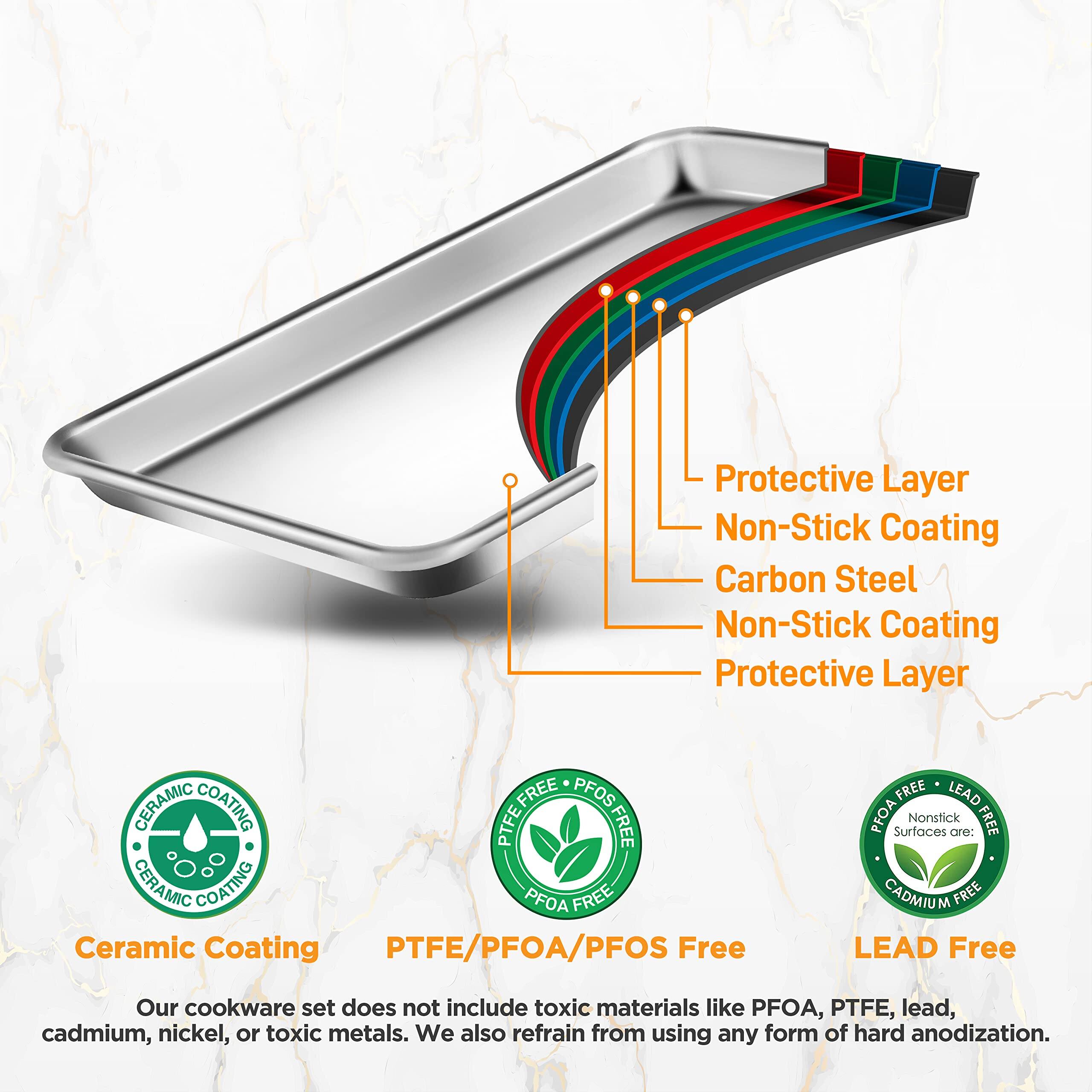 Protective Layer  
Non-Stick Coating  
Carbon Steel  
Non-Stick Coating  
Protective Layer  

Ceramic Coating  
PTFE/PFOA/PFOS Free  
LEAD Free  

Our cookware set does not include toxic materials like PFOA, PTFE, lead, cadmium, nickel, or toxic metals. We also refrain from using any form of hard anodization.