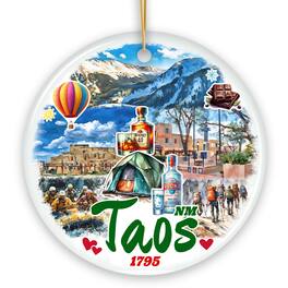 OrnamentallyYou - Vibrant Taos New Mexico Ornament, Pueblo Mountainside Christmas Gift and Souvenir (Circle) - Multi-colored