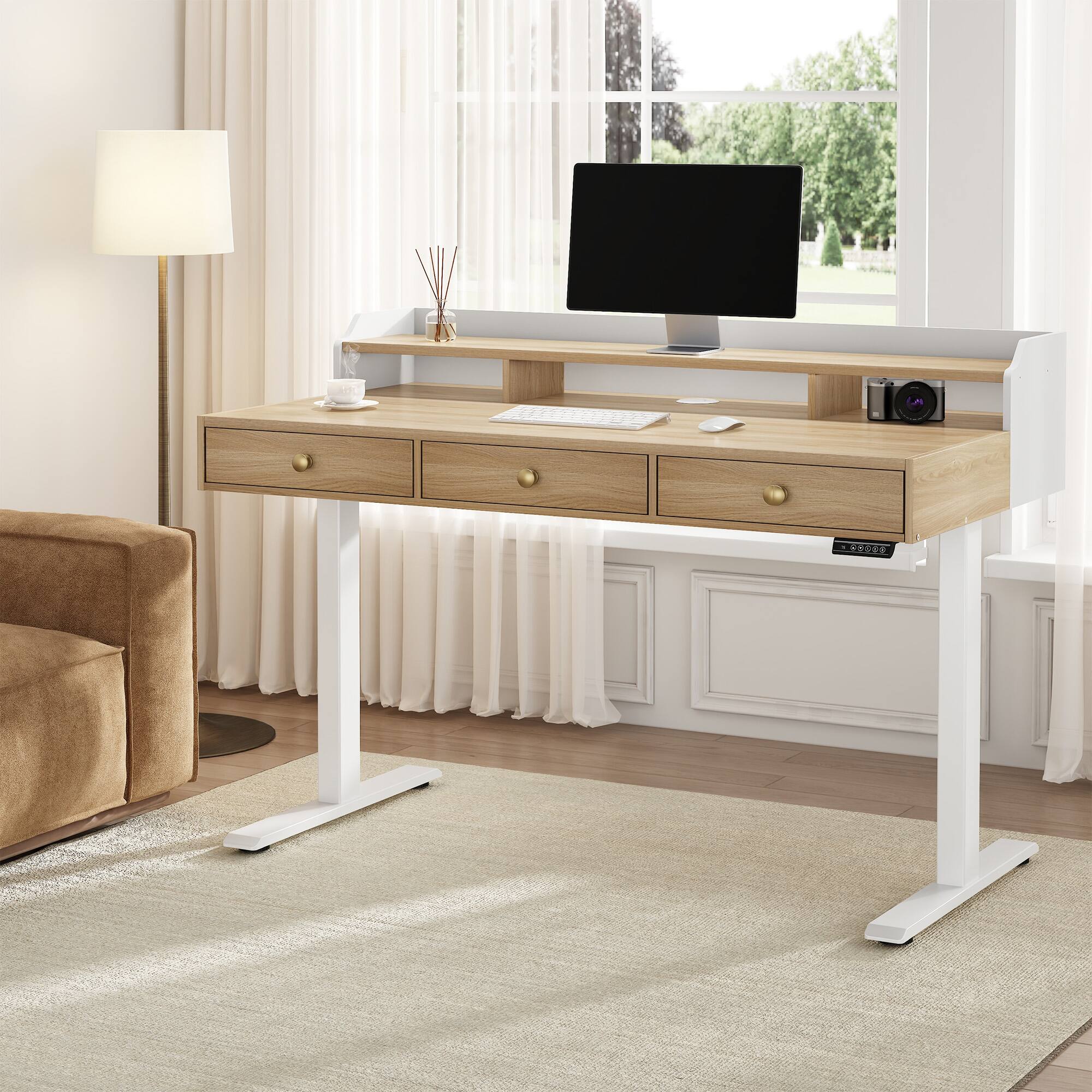 Alt View 3. ModernMate - 48" Standing Desk with 3 Drawers, Height Adjustable Sit Stand Desk with Storage for Small Space - Light Walnut.