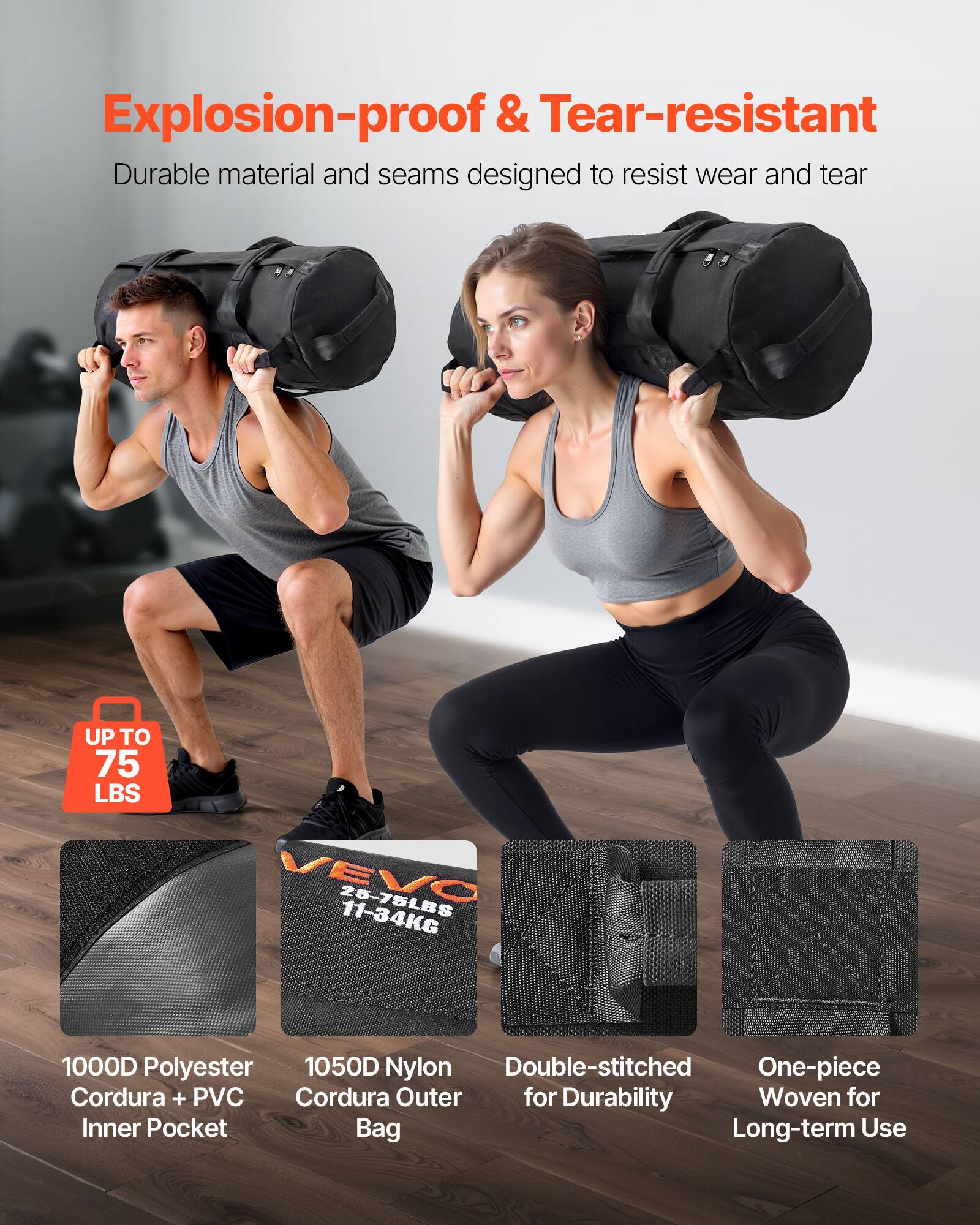 Explosion-proof & Tear-resistant, Durable material and seams designed to resist wear and tear, UP TO 75 LBS, VEVO 25-75LBS 11-34KG, 1000D Polyester Cordura + PVC Inner Pocket, 1050D Nylon Cordura Outer Bag, Double-stitched for Durability, One-piece Woven for Long-term Use