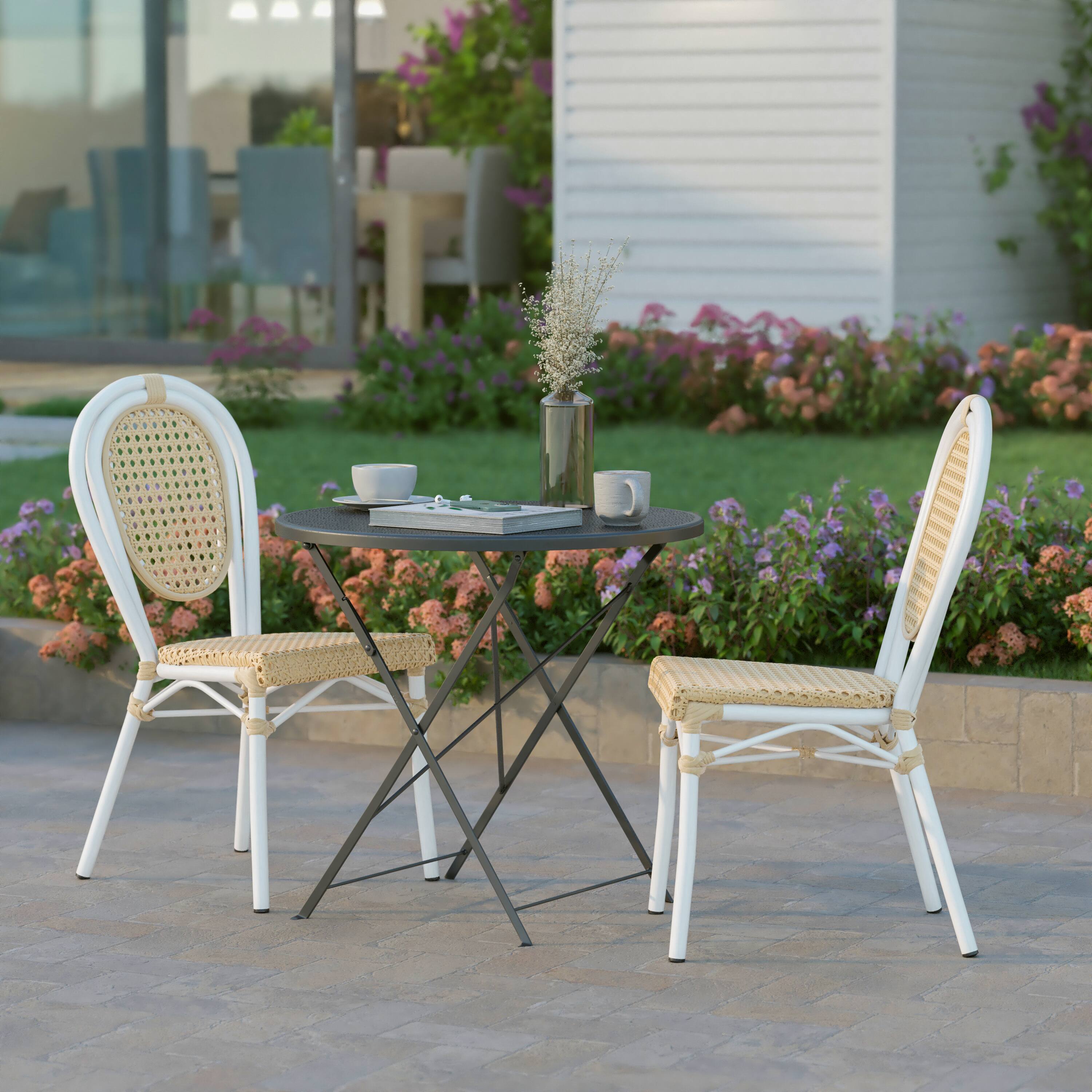 Alt View 4. Emma + Oliver - Reims Set of Two Indoor/Outdoor Stacking Thonet Bistro Style Chairs with PE Cane Rattan Seat and Metal Frame - Natural/White Frame.