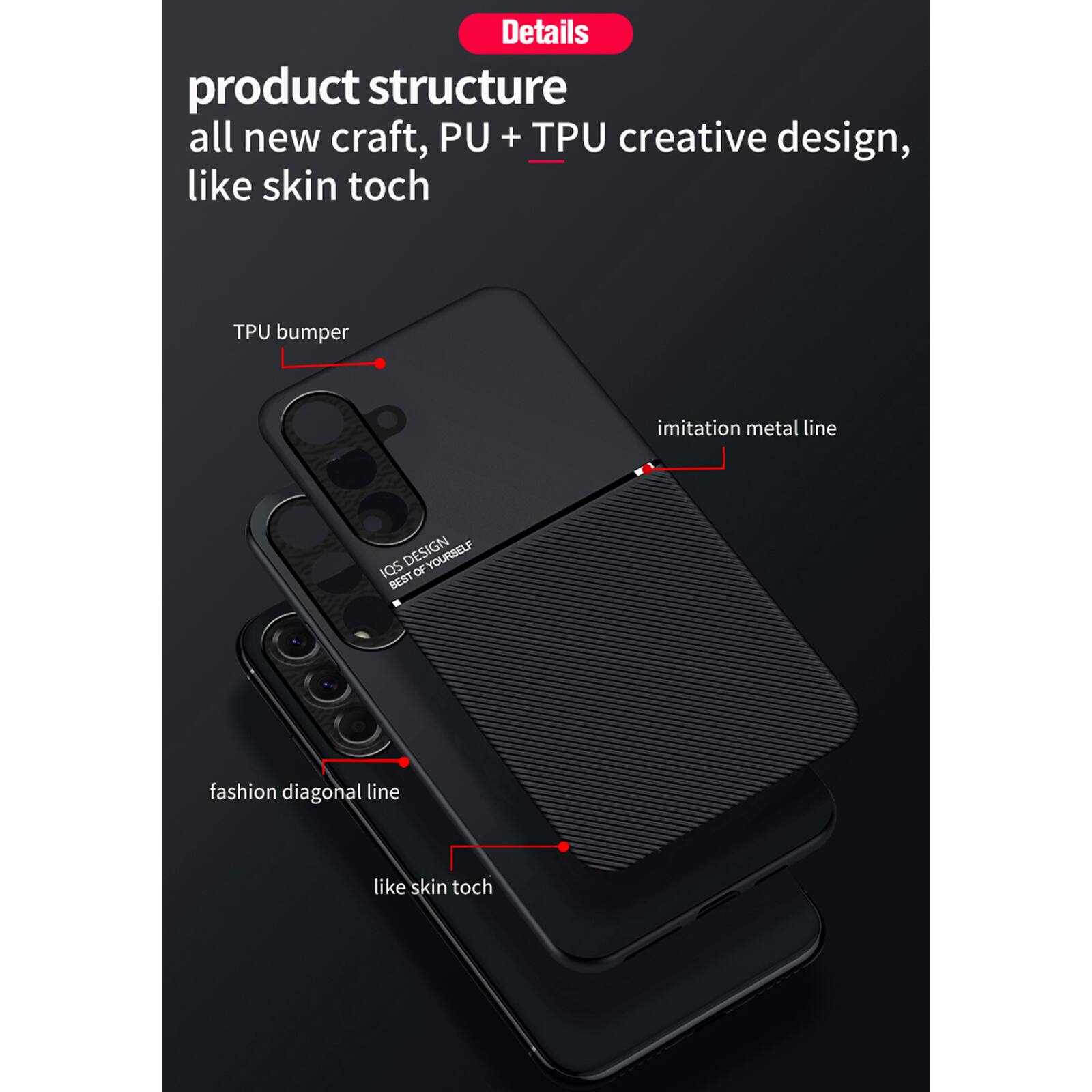 Details product structure all new craft, PU + TPU creative design, like skin toch

TPU bumper
imitation metal line
IQS DESIGN OF YOURSELF BEST
fashion diagonal line
like skin toch