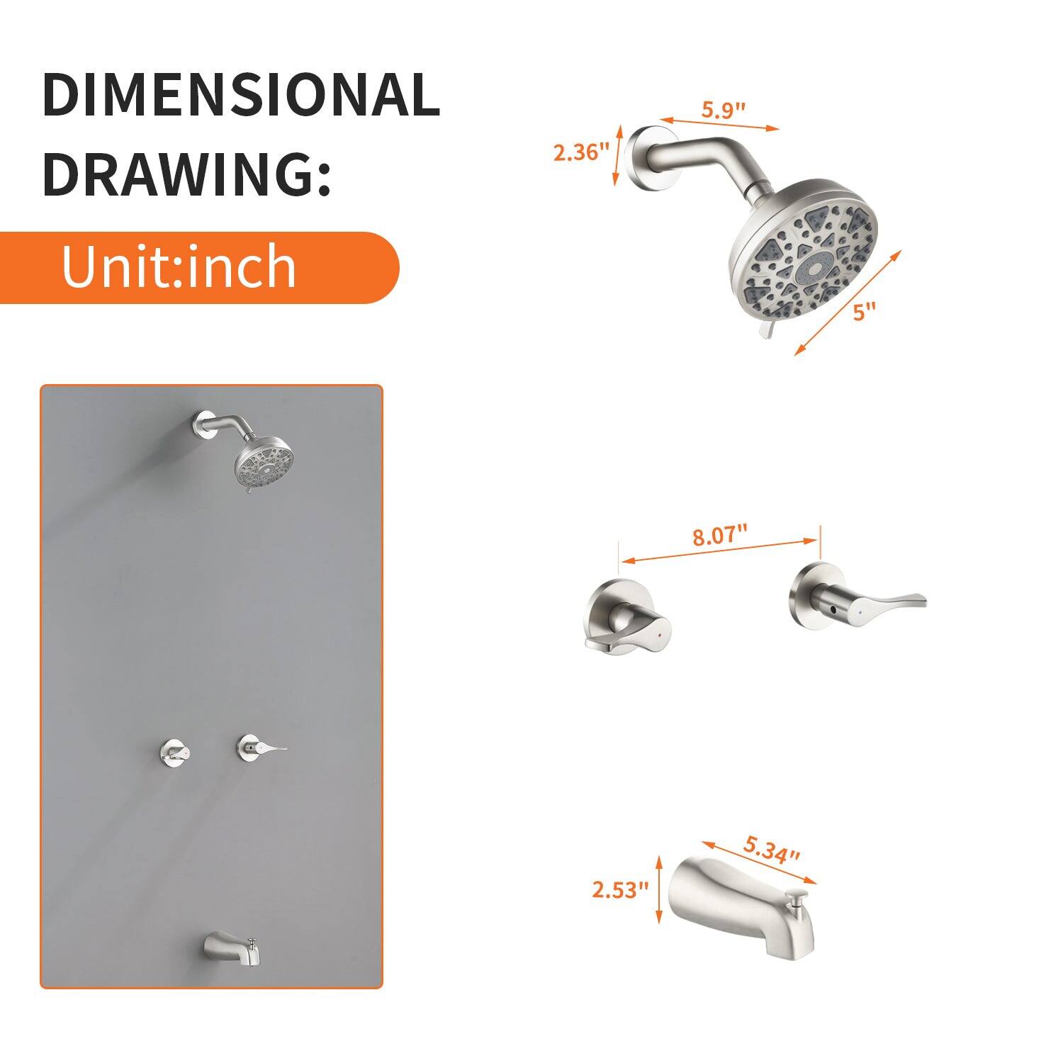 DIMENSIONAL DRAWING:  
Unit: inch  

- 2.36"  
- 5.9"  
- 5"  
- 8.07"  
- 2.53"  
- 5.34"
