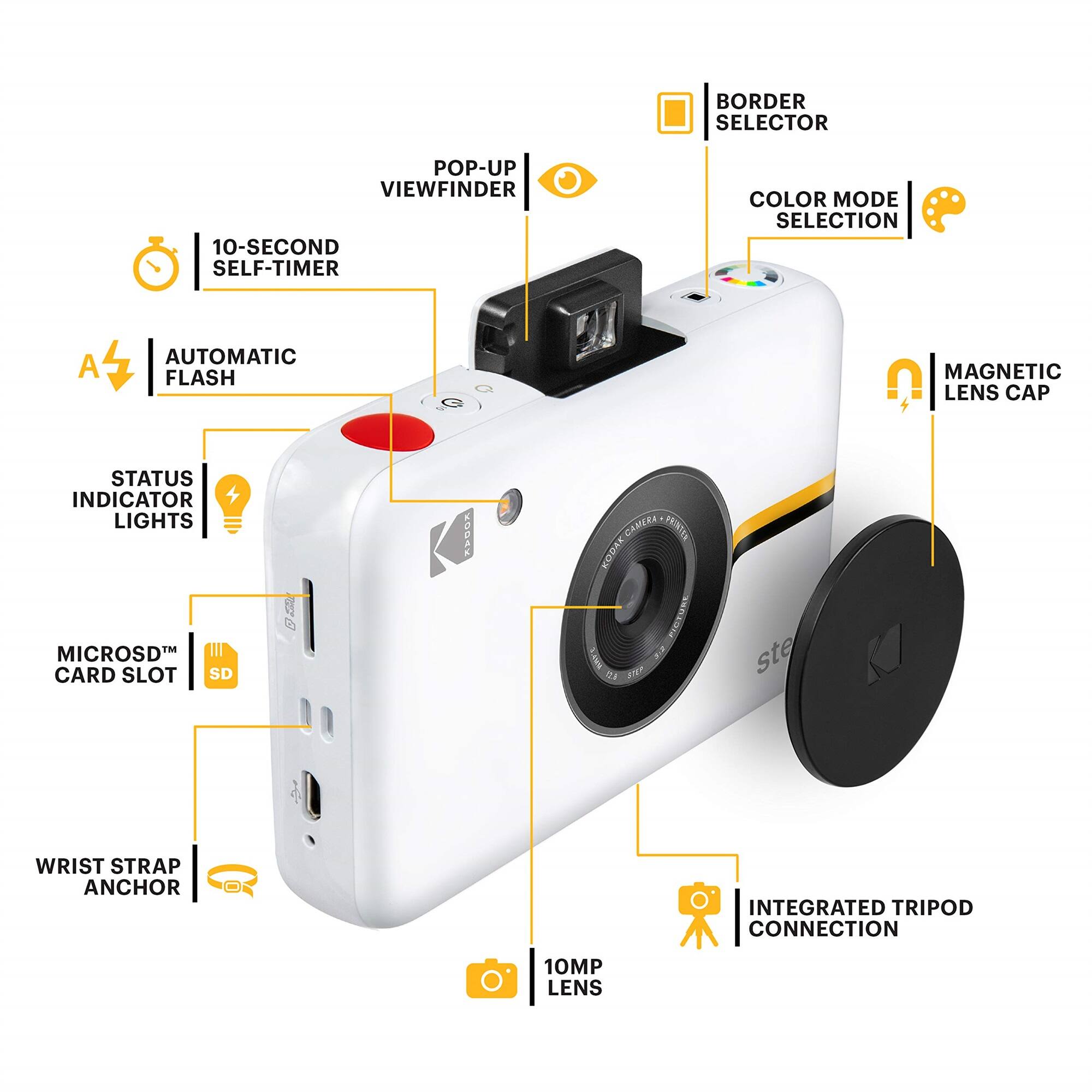 BORDER SELECTOR, POP-UP VIEWFINDER, 10-SECOND SELF-TIMER, COLOR MODE SELECTION, A, AUTOMATIC FLASH, MAGNETIC LENS CAP, STATUS INDICATOR LIGHTS, MICROSD CARD SLOT, SD, WRIST STRAP ANCHOR, INTEGRATED TRIPOD CONNECTION, 10MP LENS