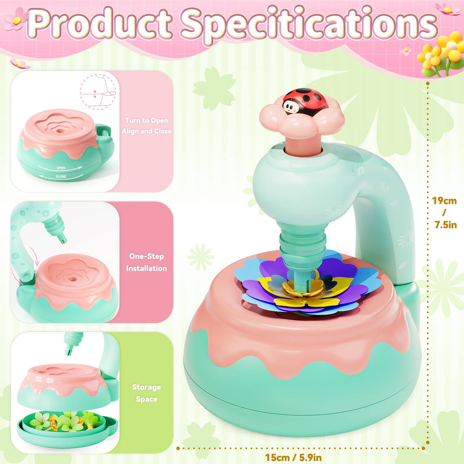 Product Specifications

- Turn to Open
- Align and Close

- One-Step Installation

- Storage Space

19cm / 7.5in

15cm / 5.9in