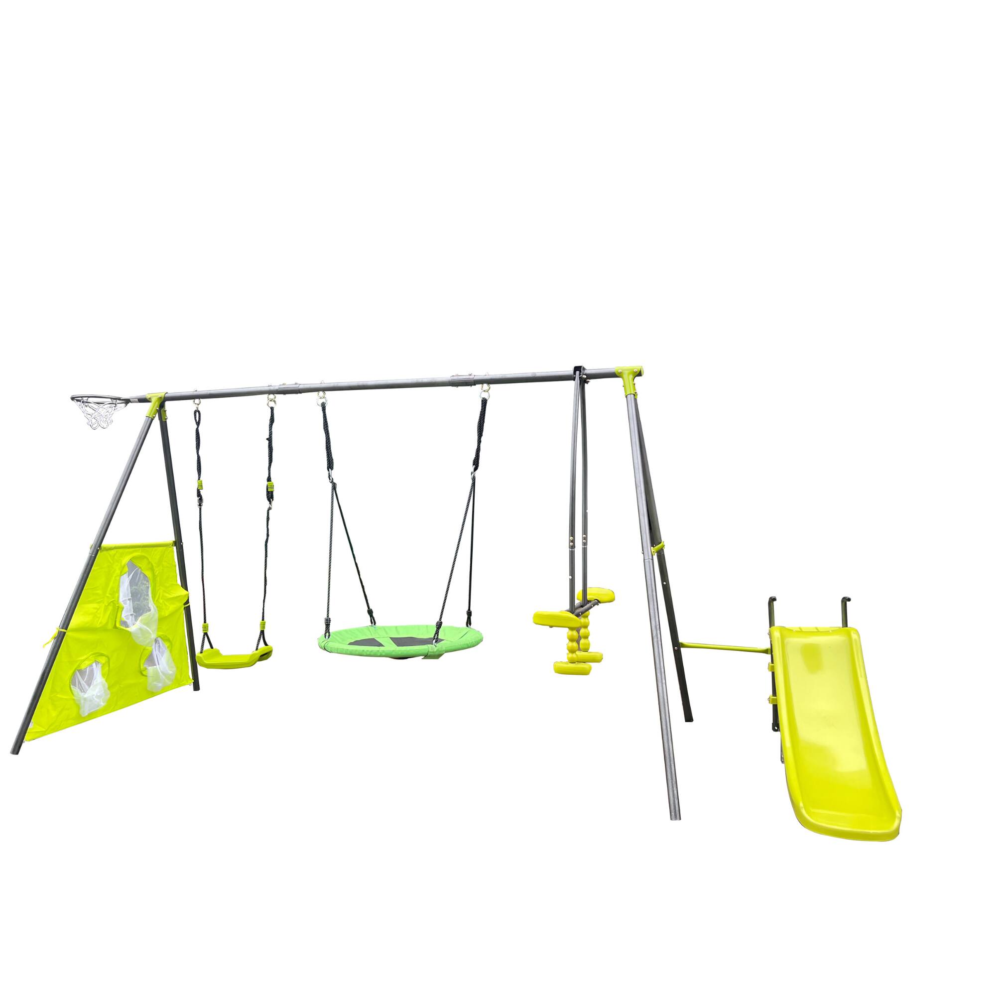 Alt View 8. Siljoy - 6‑in‑1 Blue & Green Swing Set with Net Swing, Slide, Hoop, 440lb Capacity, for Age 3+ Outdoor Play - Green.