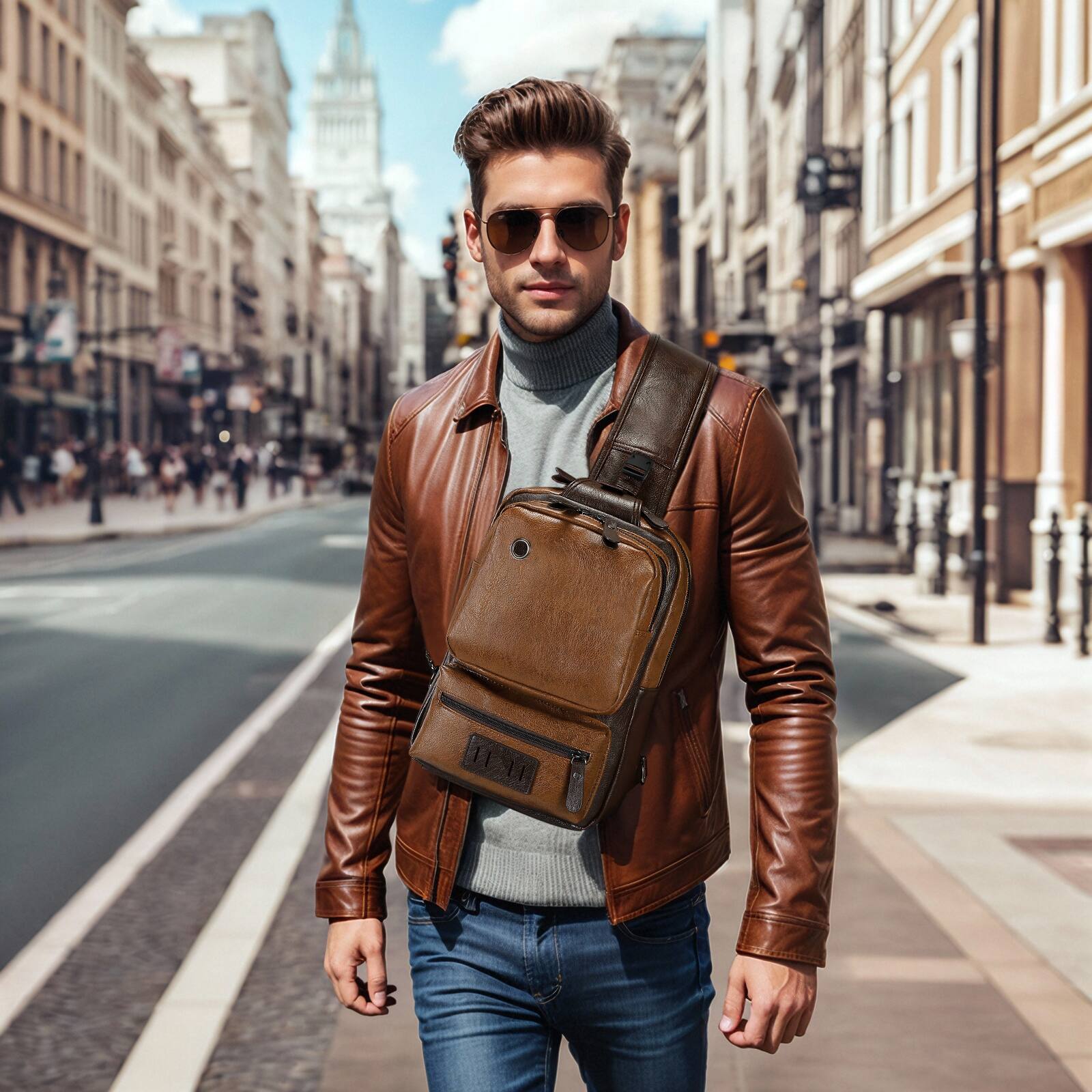 Alt View 1. Unique Bargains - Vintage PU Leather Sling Backpack for Men Women Crossbody Bag Compact Backpack for Travel Daily Use and Gift - Light Brown.