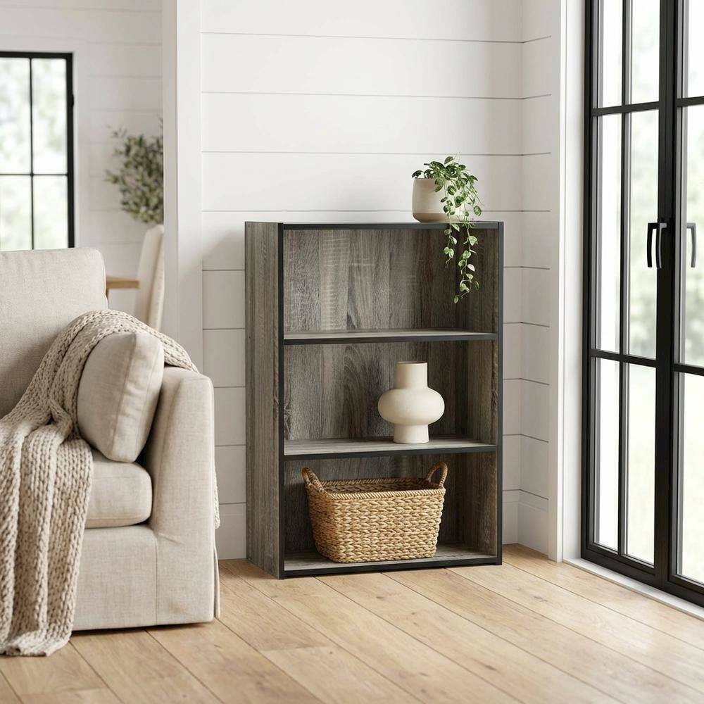 Angle. FurniFact - 3 Tier Open Shelf Bookcase with French Oak Grey Finish for Contemporary Storage - French Oak Grey.