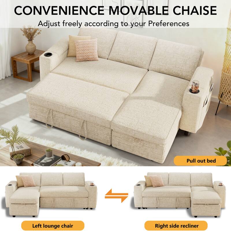 CONVENIENCE MOVABLE CHAISE  
Adjust freely according to your Preferences  

- Pull out bed  
- Left lounge chair  
- Right side recliner