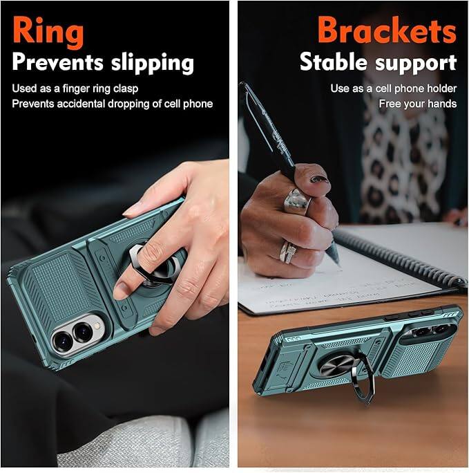 **Ring**  
Prevents slipping  
Used as a finger ring clasp  
Prevents accidental dropping of cell phone  

**Brackets**  
Stable support  
Use as a cell phone holder  
Free your hands