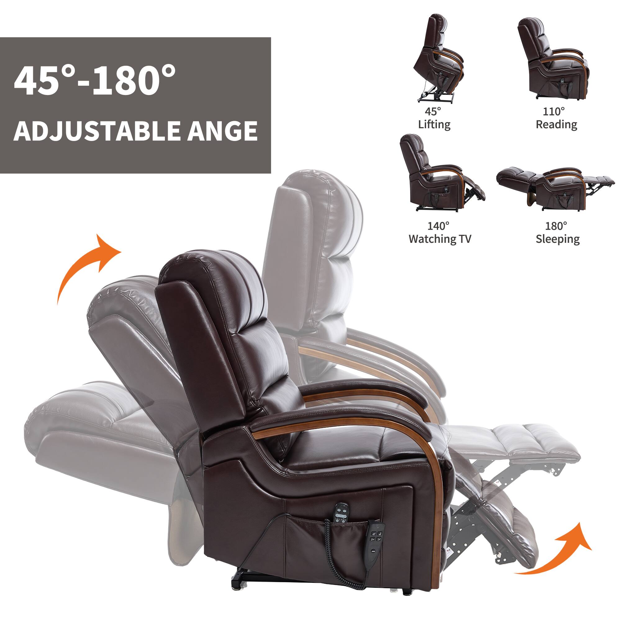 45°-180°  
ADJUSTABLE ANGLE  

45° Lifting  
110° Reading  
140° Watching TV  
180° Sleeping