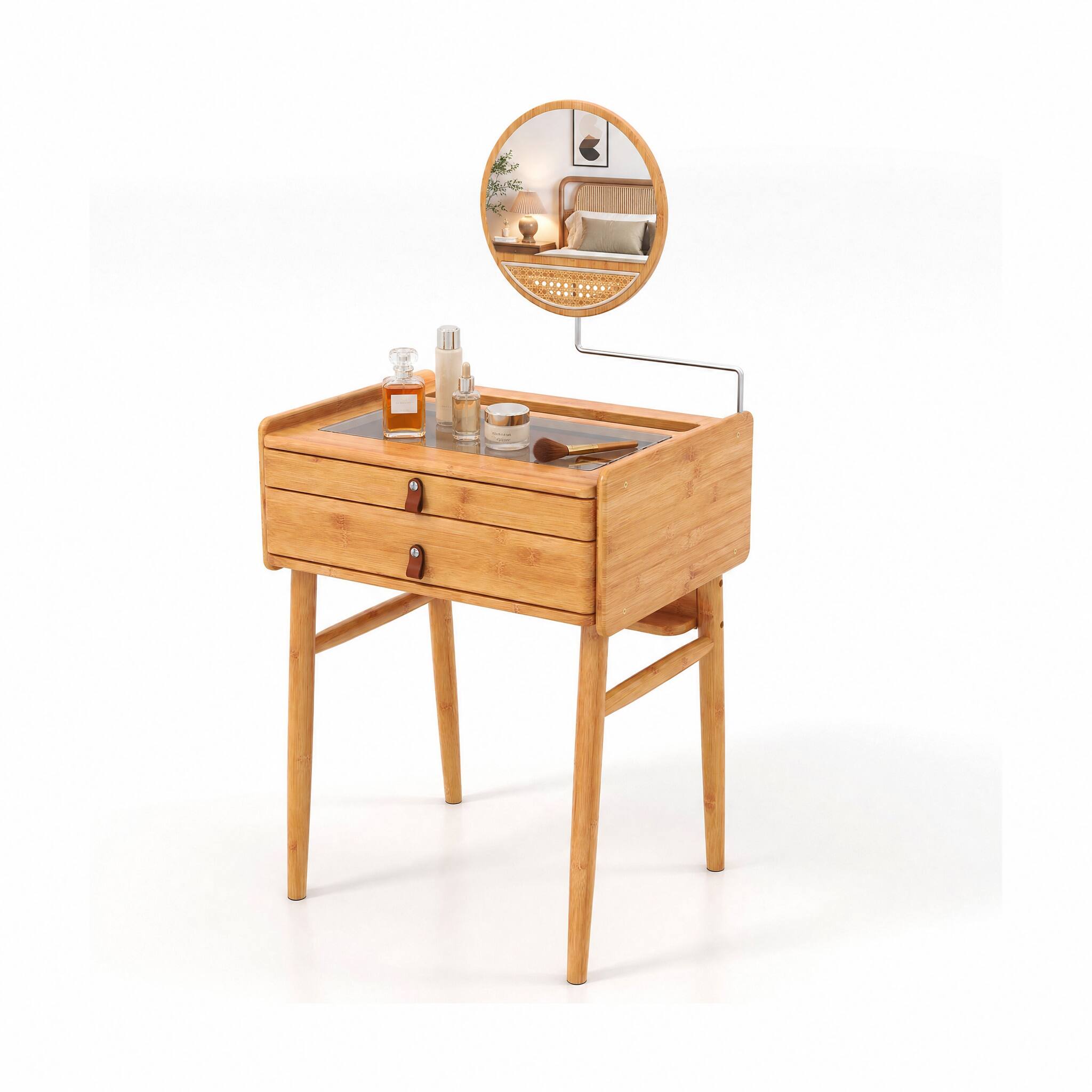 Angle. WELLFOR - Bamboo Makeup Vanity Table with Angle‑Adjustable Round Mirror, Tempered Glass Tabletop, 2 Drawers - Natural.