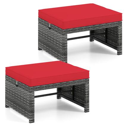 Front. Costway - Costway Patio Ottomans Set of 2 PE Rattan Footstools with Removable Cushions & Metal Frame Red - Red.