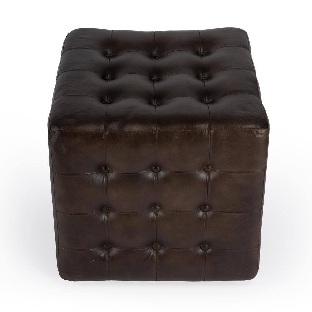Left. Butler Specialty - Leon Button Tufted Leather Ottoman - Dark Brown.