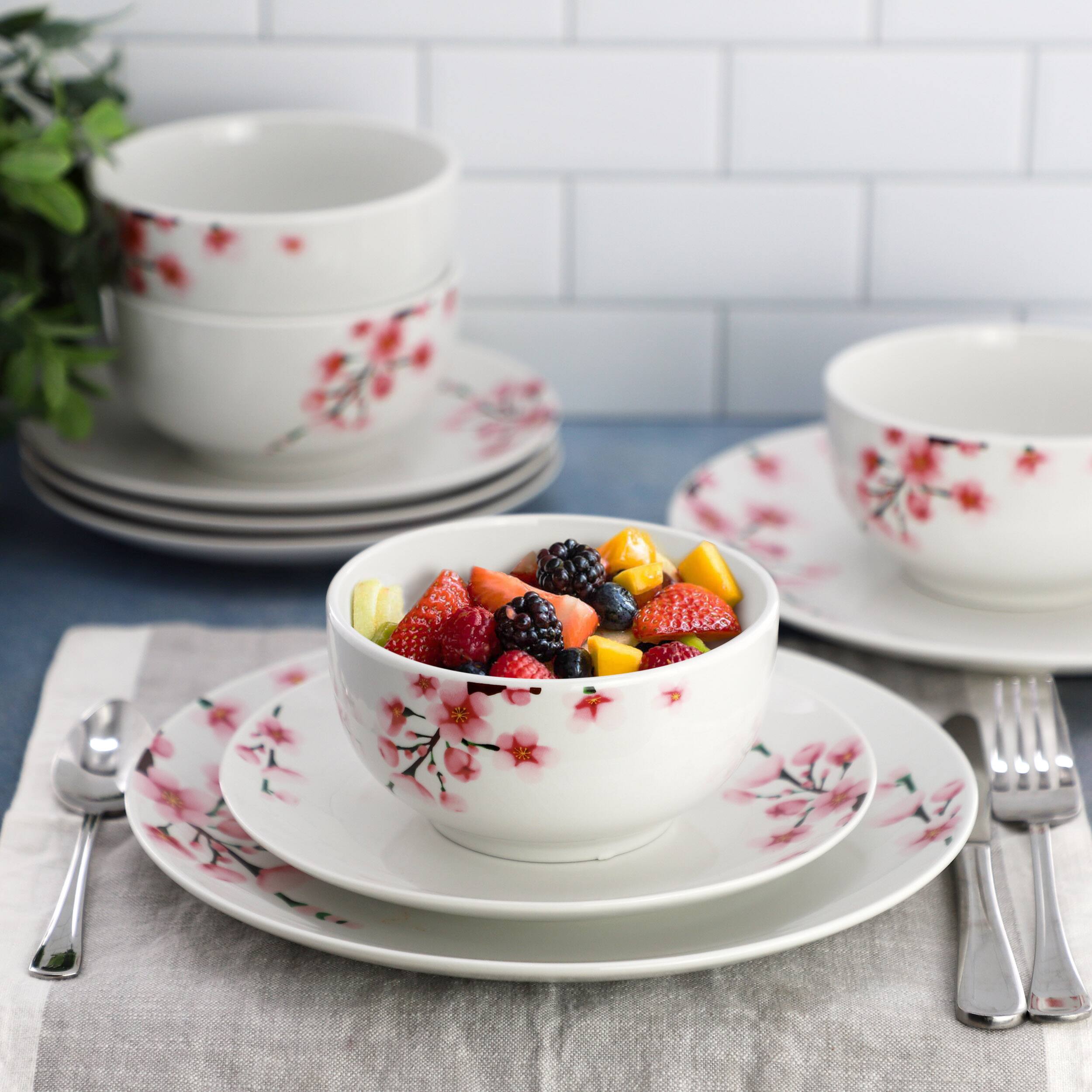 Alt View 3. Elama - Elama Tamara 12 Piece Cherry Blossom Porcelain Dinnerware Set, Service for 4 in White and Pink - White and Pink.