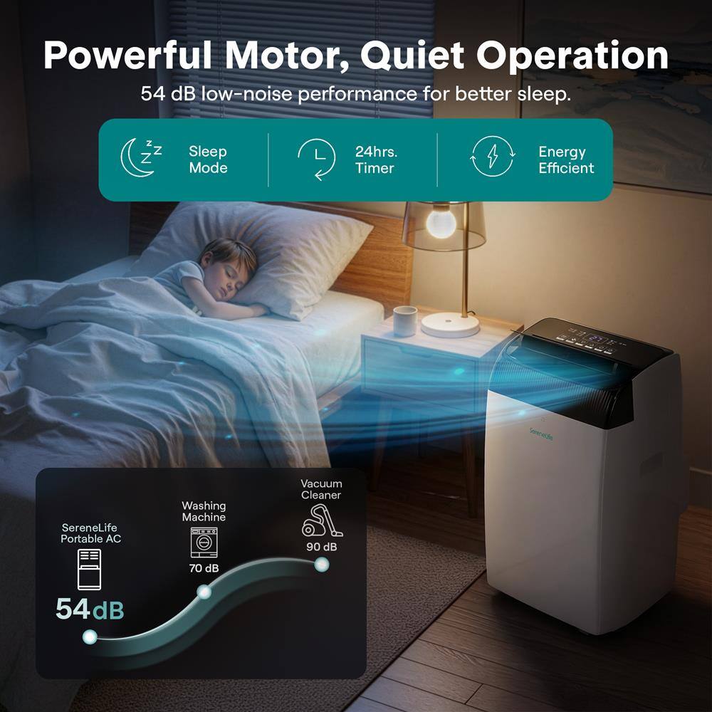 Powerful Motor, Quiet Operation  
54 dB low-noise performance for better sleep.  
N Z Z Sleep Mode  
24hrs. Timer  
Energy Efficient  

SereneLife Portable AC  
Washing Machine  
Vacuum Cleaner  

90 dB  
70 dB  
54 dB