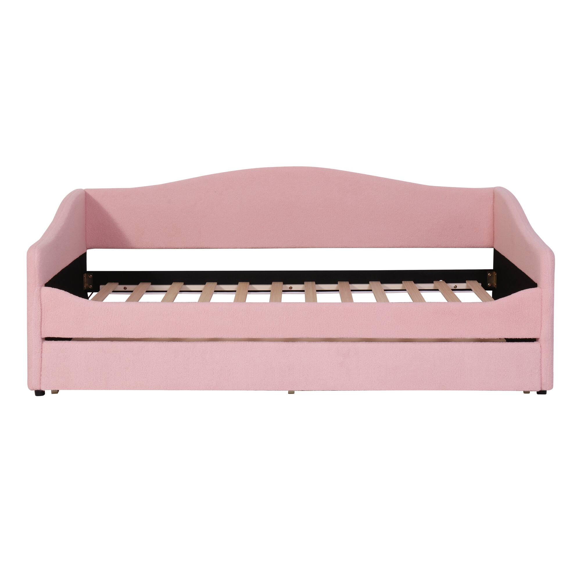 Left. Tiramisubest - Teddy Fleece Twin Size Upholstered Daybed with Light and Trundle, Pink - Pink.