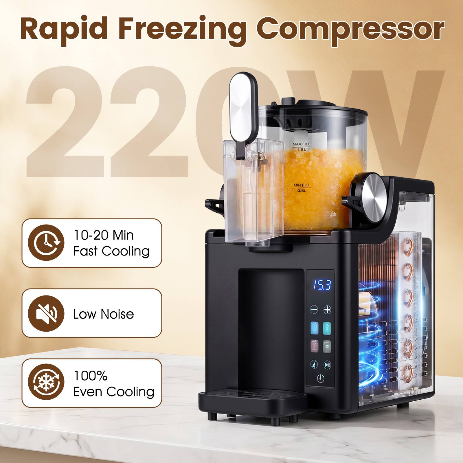 Rapid Freezing Compressor  
220W  
MAX TS PILE  
MIN FAL U.8L  
10-20 Min Fast Cooling  
15.3  
Low Noise  
100% Even Cooling