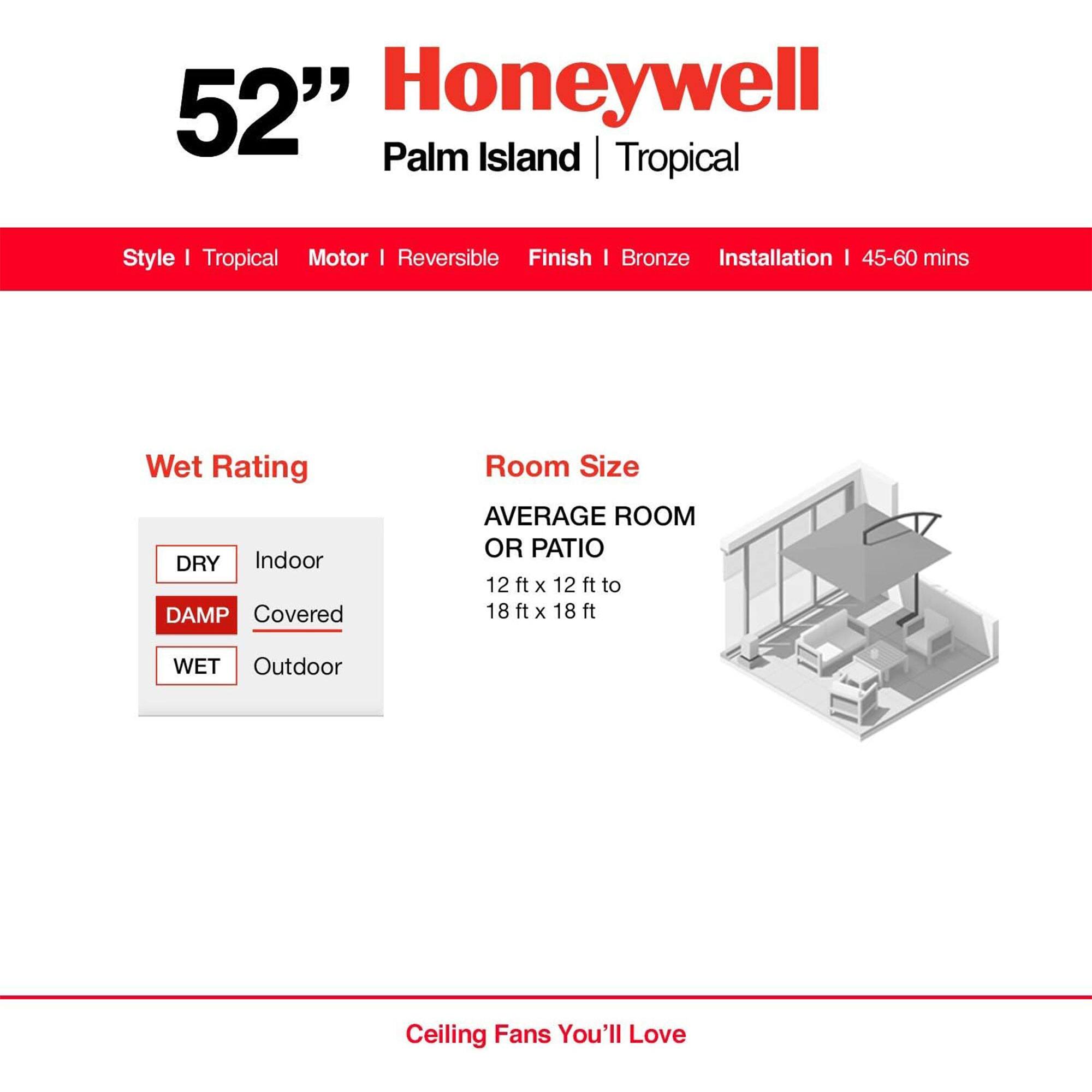 52" Honeywell Palm Island Tropical Style | Tropical Motor | Reversible Finish | Bronze Installation | 45-60 mins Wet Rating: DRY (Indoor), DAMP (Covered), WET (Outdoor) Room Size: AVERAGE ROOM OR PATIO 12 ft x 12 ft to 18 ft x 18 ft Ceiling Fans You'll Love
