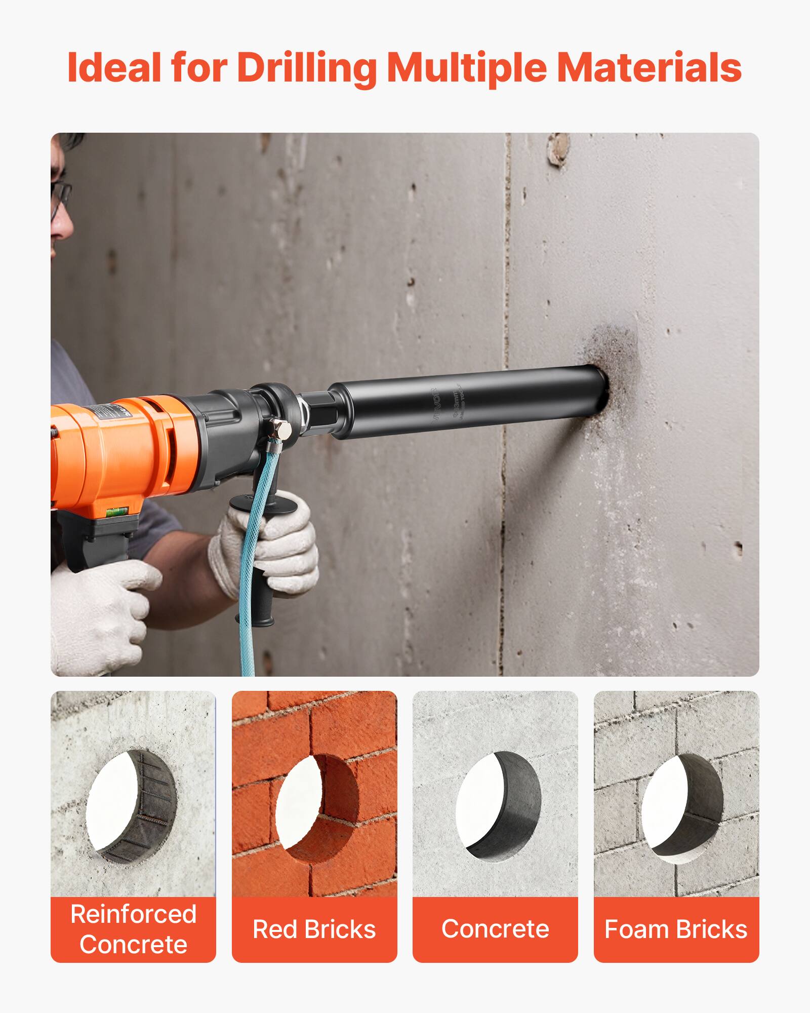 Ideal for Drilling Multiple Materials

- Reinforced Concrete
- Red Bricks
- Concrete
- Foam Bricks