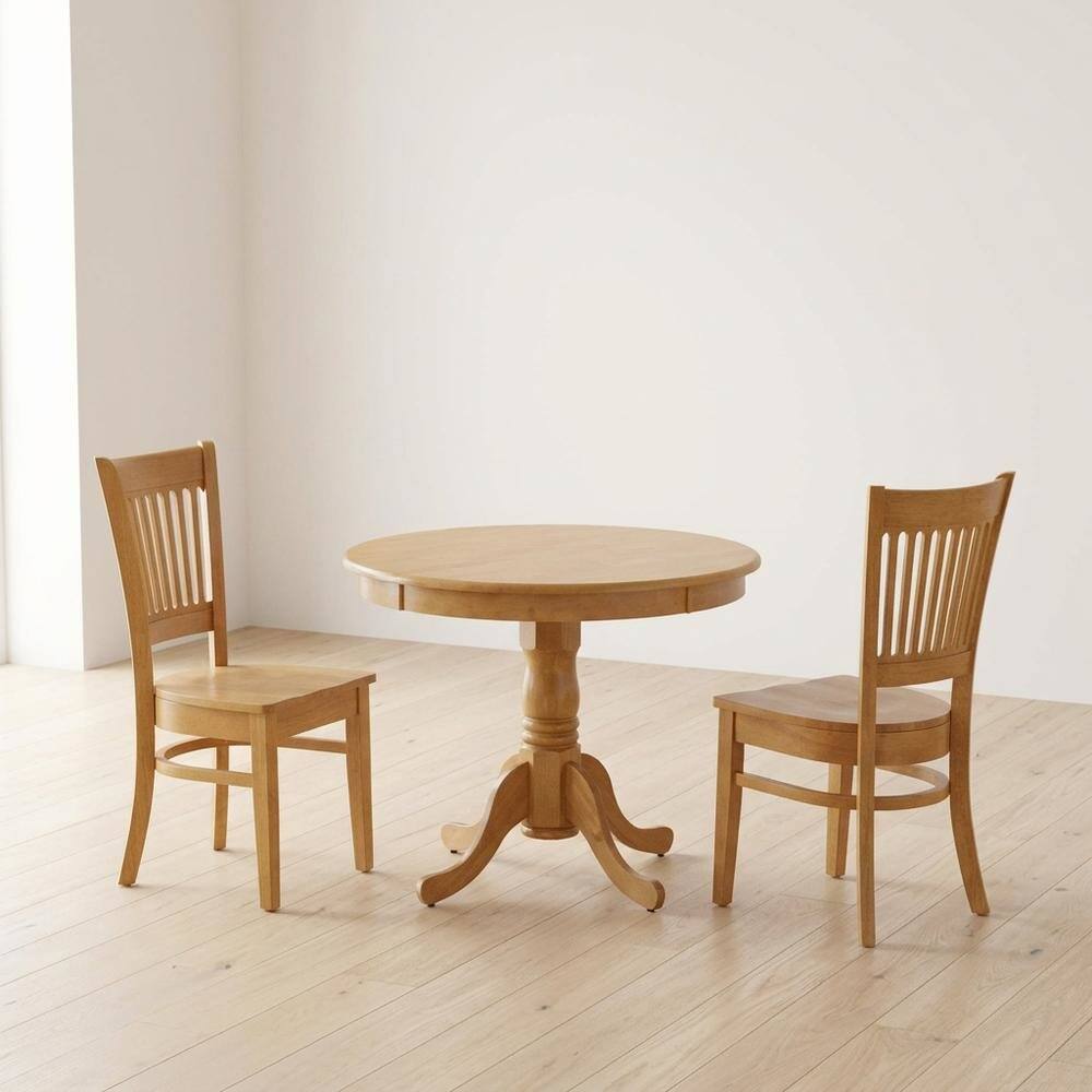 Alt View 2. FurniFact - Solid Wood Round Small Kitchen Table & Chairs 3-Piece Dining Set - Oak.