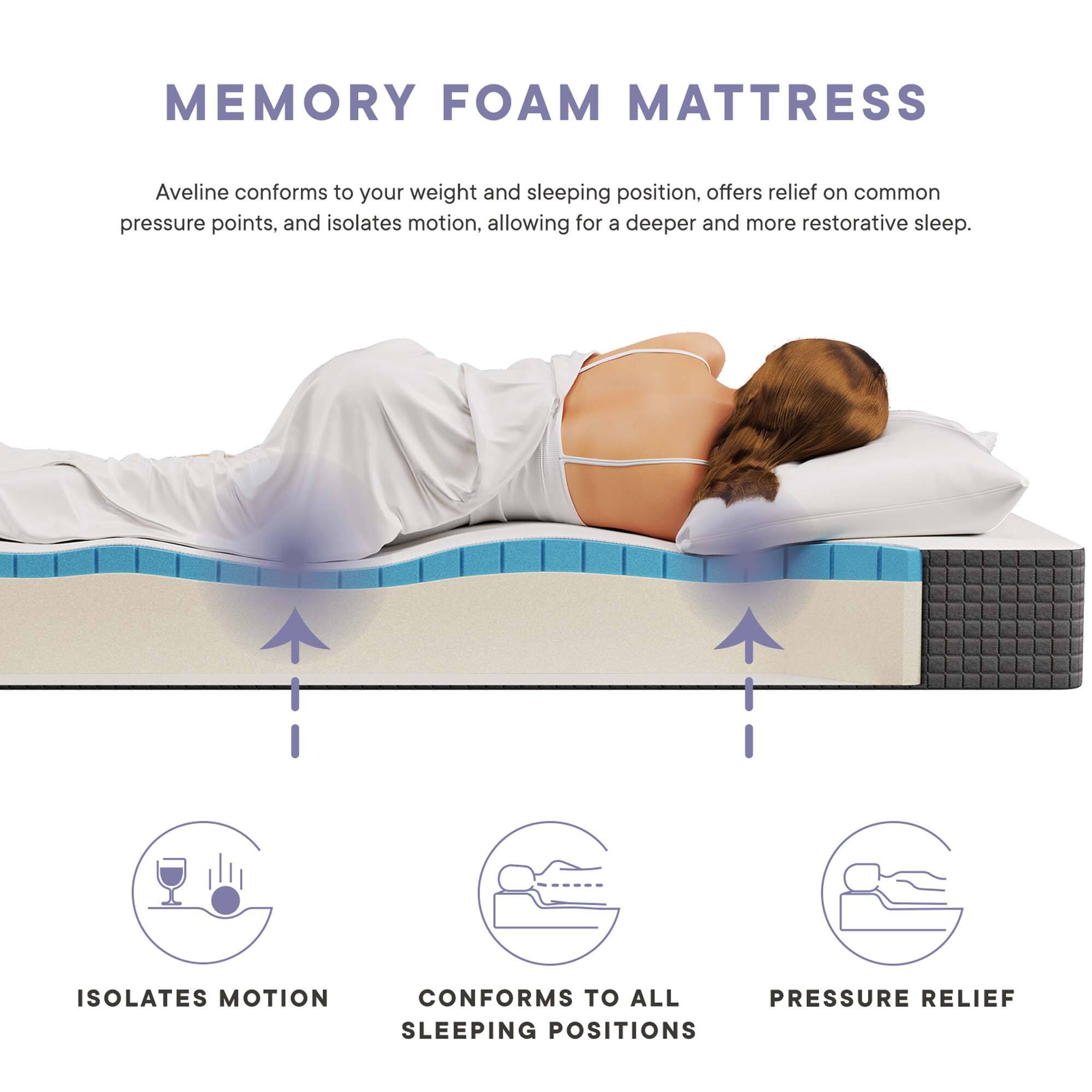 MEMORY FOAM MATTRESS

Aveline conforms to your weight and sleeping position, offers relief on common pressure points, and isolates motion, allowing for a deeper and more restorative sleep.

- ISOLATES MOTION
- CONFORMS TO ALL SLEEPING POSITIONS
- PRESSURE RELIEF