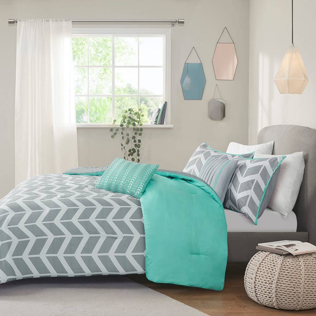 Alt View 1. Hivvago - Twin/Twin XL Reversible Comforter Set in Grey White Aqua Teal Chevron Stripe - Grey, White, Aqua, Teal.