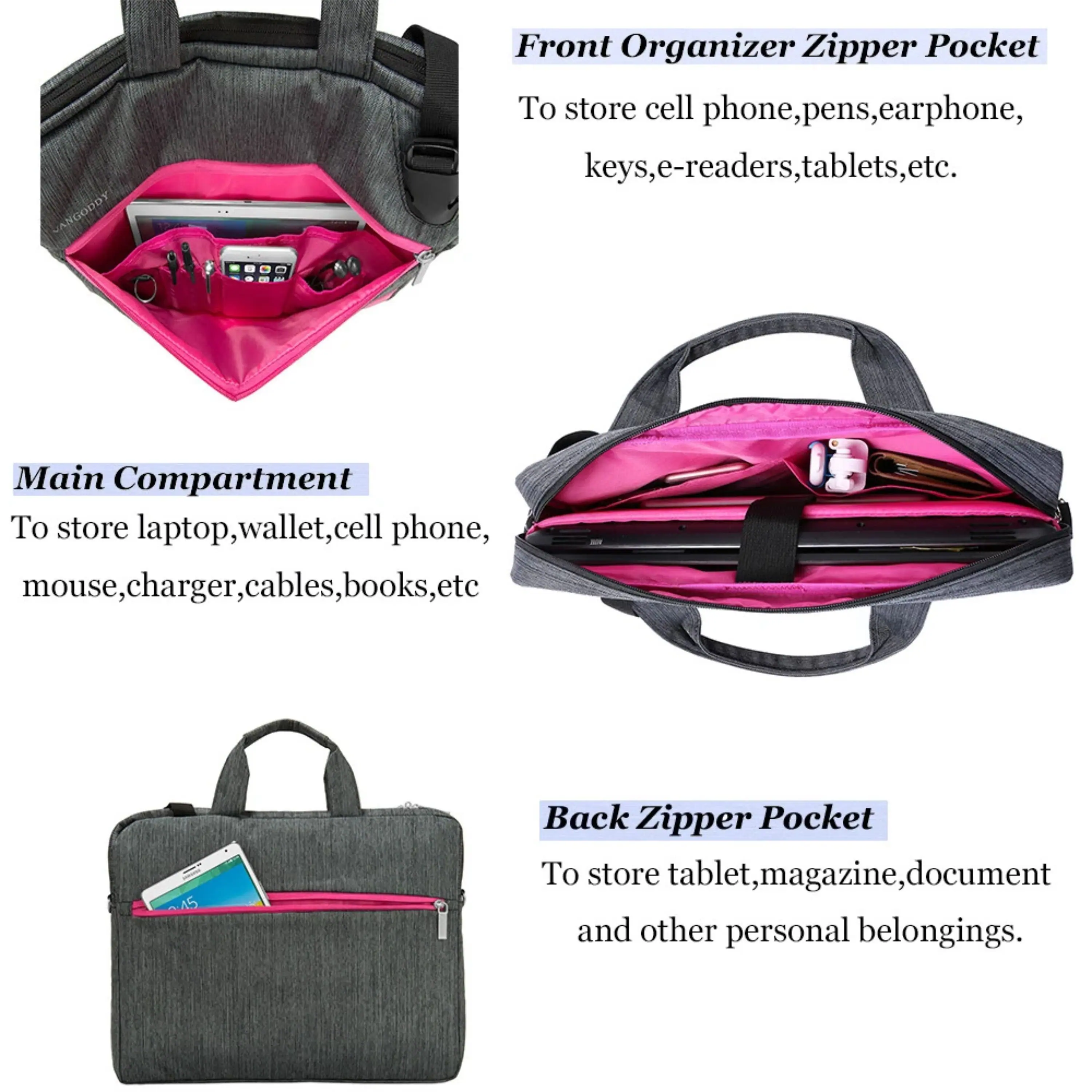 Front Organizer Zipper Pocket  
To store cell phone, pens, earphone, keys, e-readers, tablets, etc.

Main Compartment  
To store laptop, wallet, cell phone, mouse, charger, cables, books, etc.

Back Zipper Pocket  
To store tablet, magazine, document and other personal belongings.