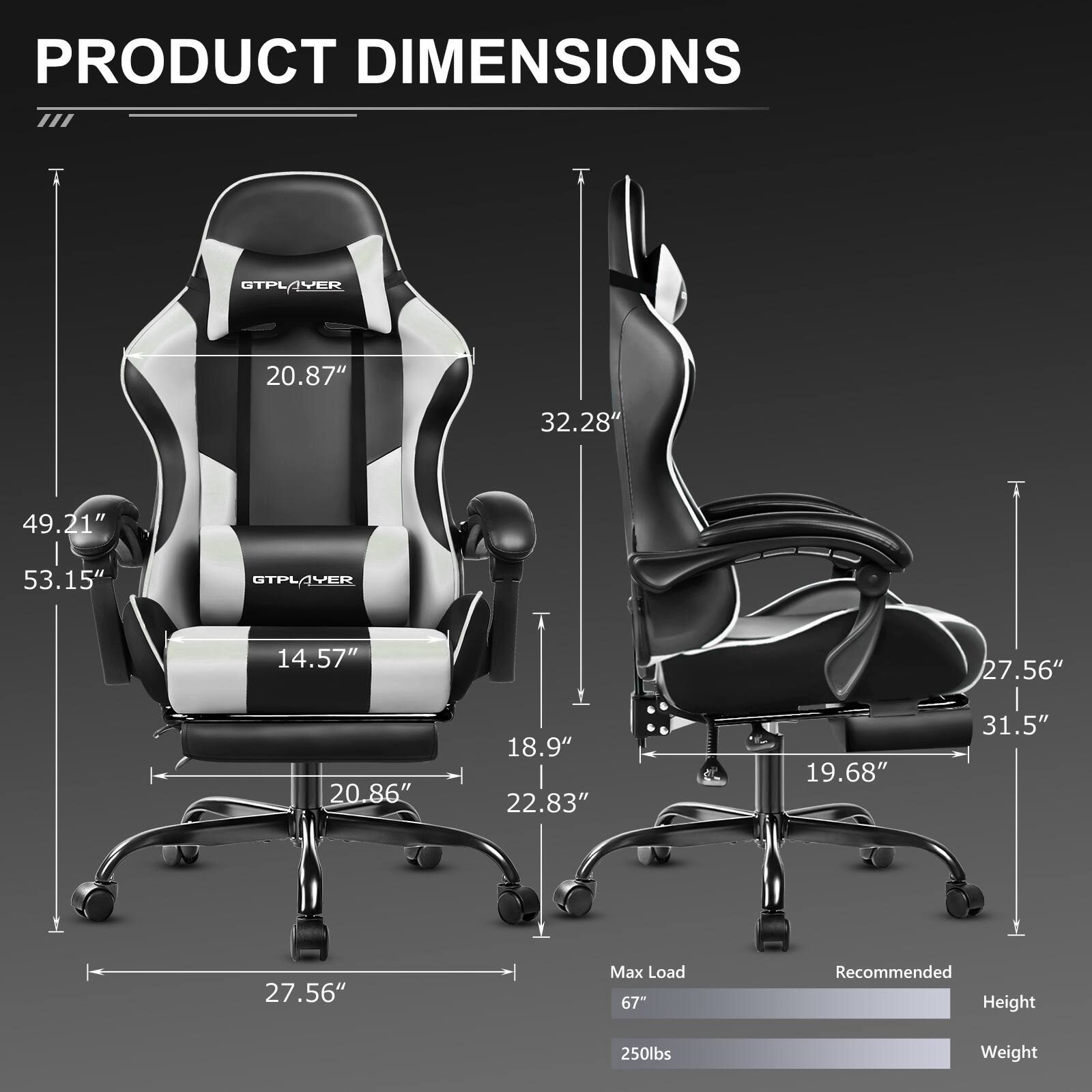 PRODUCT DIMENSIONS

GTPLAYER CTPL VEP
- 20.87"
- 32.28"
- 49.21"
- 53.15"

STPLAYER CTPL VER
- 14.57"
- 27.56"
- 20.86"
- 18.9"
- 22.83"
- 19.68"
- 31.5"
- 27.56"

Max Load: 67"
Recommended Height: 250lbs Weight