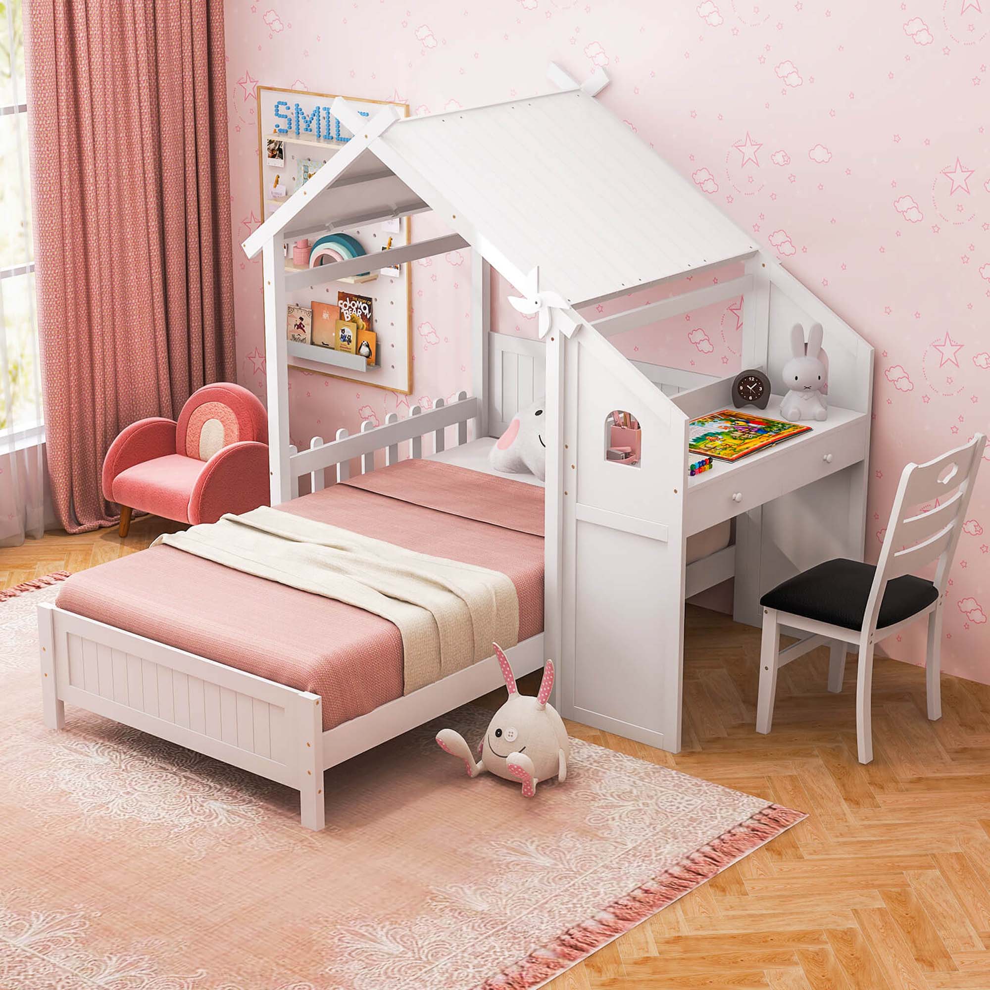 Costway Twin House Bed with Desk \u0026 Chair with 2 Drawers Windmill Fence \u0026  Headboard for Teens White COST03787 - Best Buy, image size:900x900