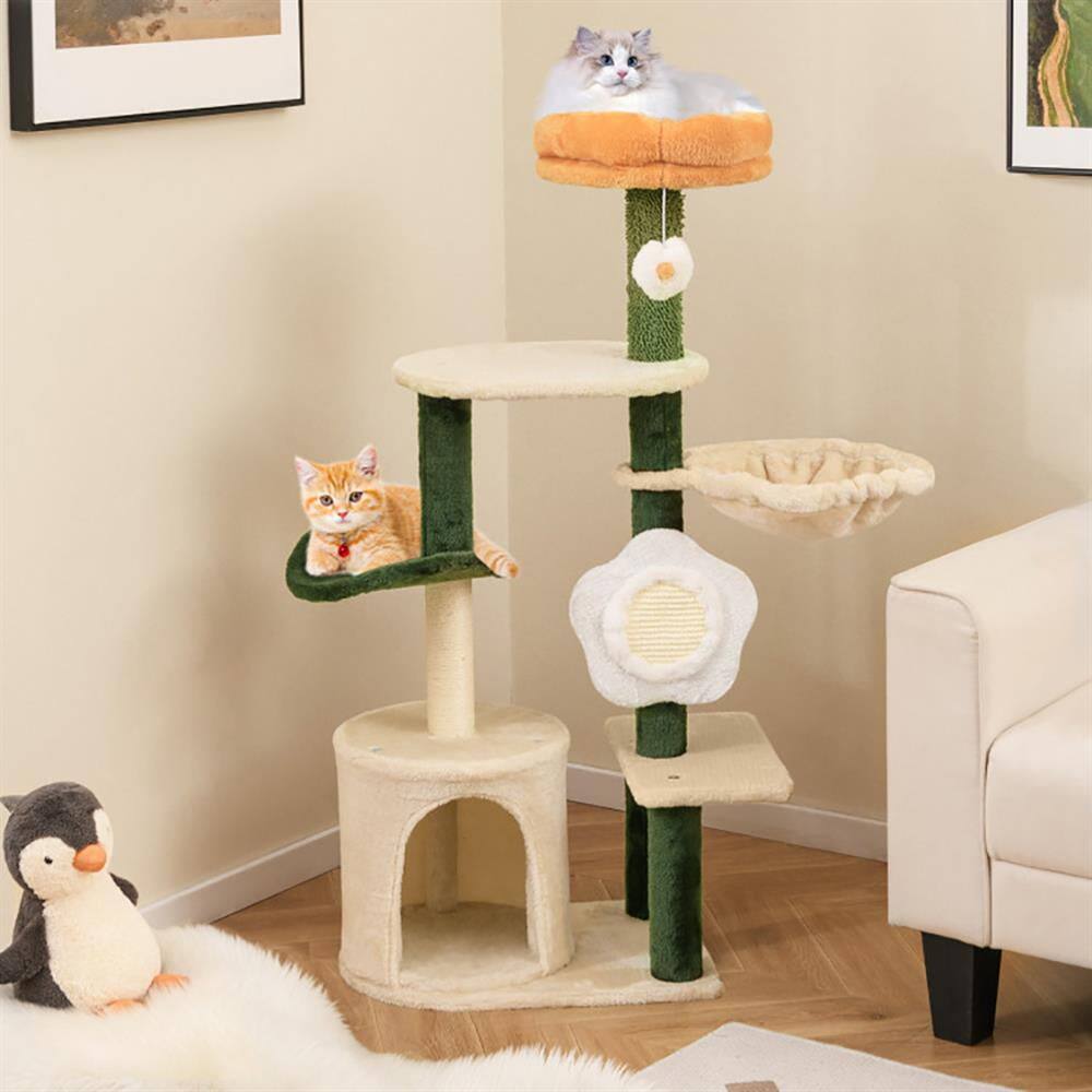 Left. Kadyn - Cat Scratching Tower,Cat Tree, Cute Flower Cat Tree Modern Kitty Tower with Plush Top Perch-Multicolor - Beige.