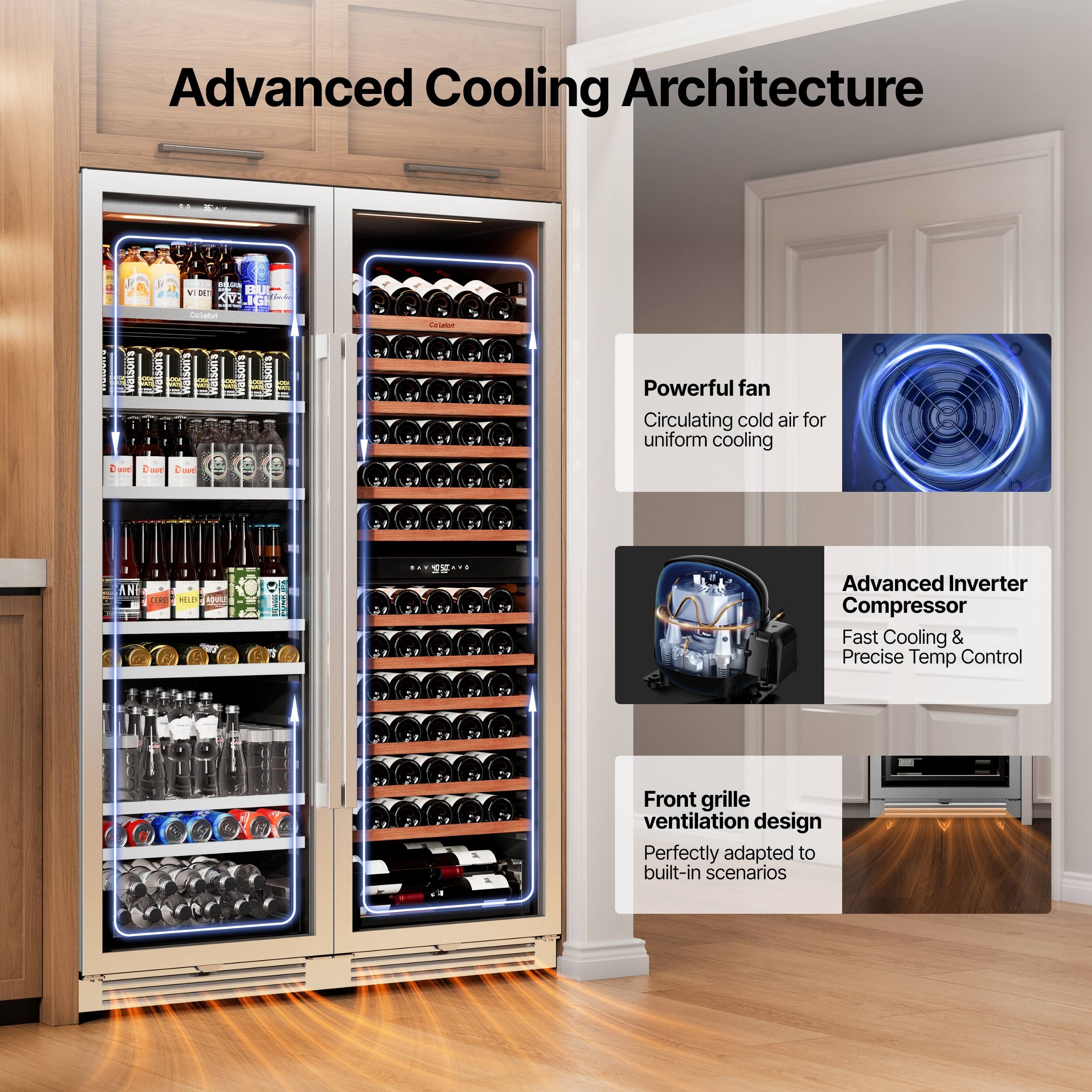 Advanced Cooling Architecture

- Powerful fan
  - Circulating cold air for uniform cooling

- Advanced Inverter Compressor
  - Fast Cooling & Precise Temp Control

- Front grille ventilation design
  - Perfectly adapted to built-in scenarios