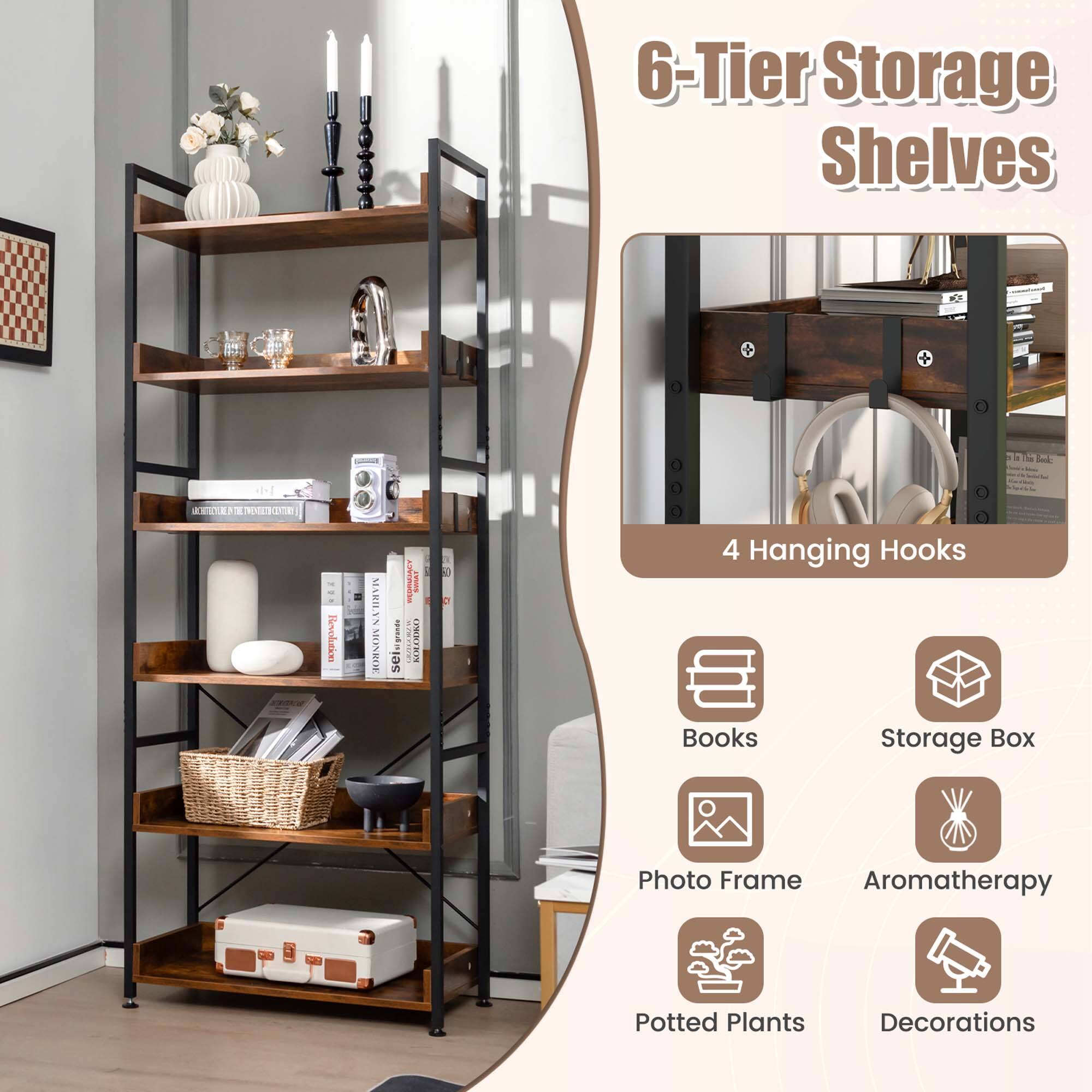6-Tier Storage Shelves, 4 Hanging Hooks, Books, Storage Box, Photo Frame, Aromatherapy, Potted Plants, Decorations