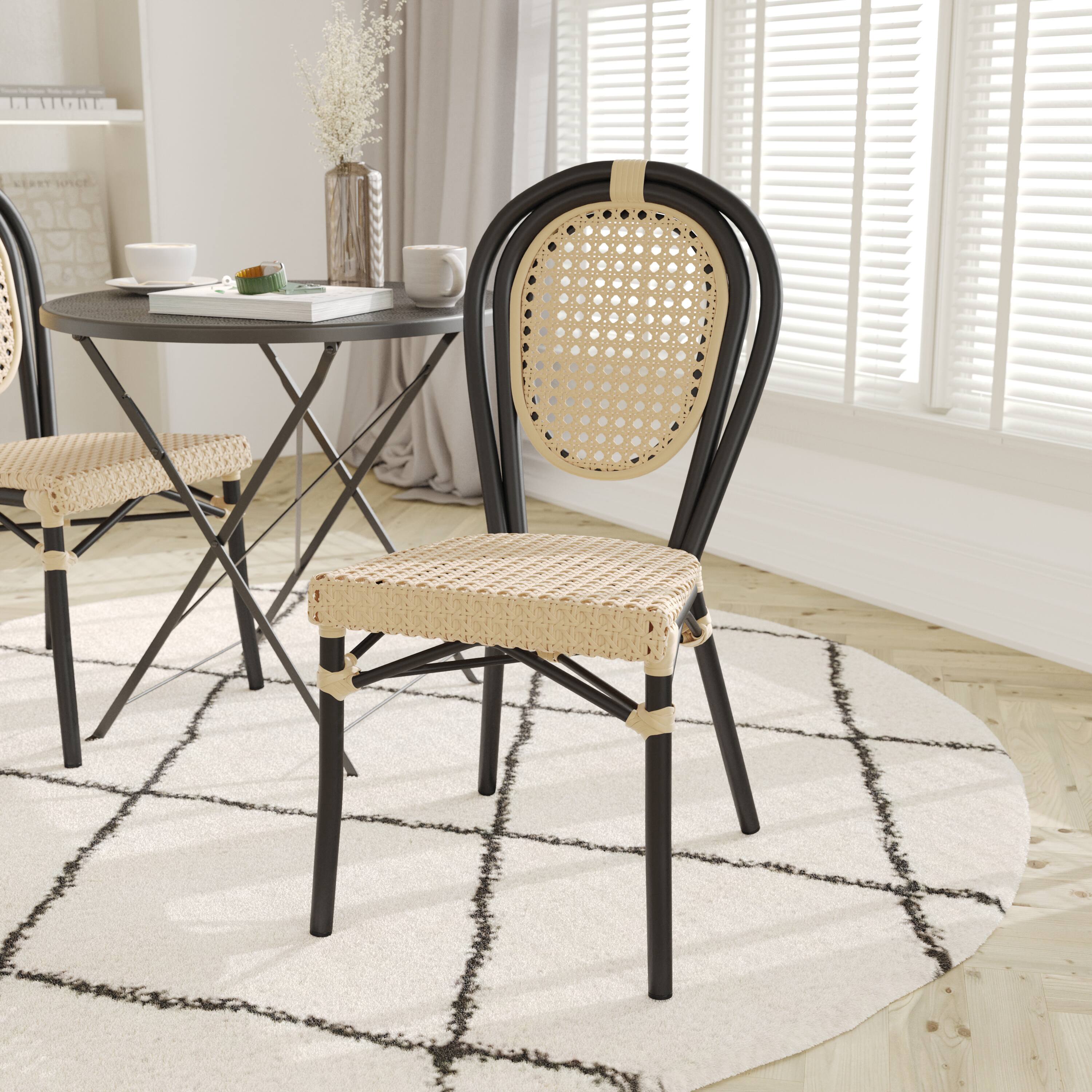 Alt View 1. Emma + Oliver - Reims Indoor/Outdoor Stacking Thonet Bistro Style Chair with PE Cane Rattan Seat and Finished Metal Frame - Natural/Black Frame.