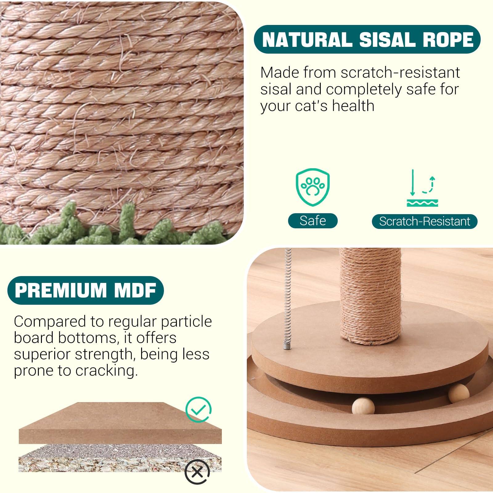 **NATURAL SISAL ROPE**  
Made from scratch-resistant sisal and completely safe for your cat's health  
- Safe  
- Scratch-Resistant  

**PREMIUM MDF**  
Compared to regular particle board bottoms, it offers superior strength, being less prone to cracking.