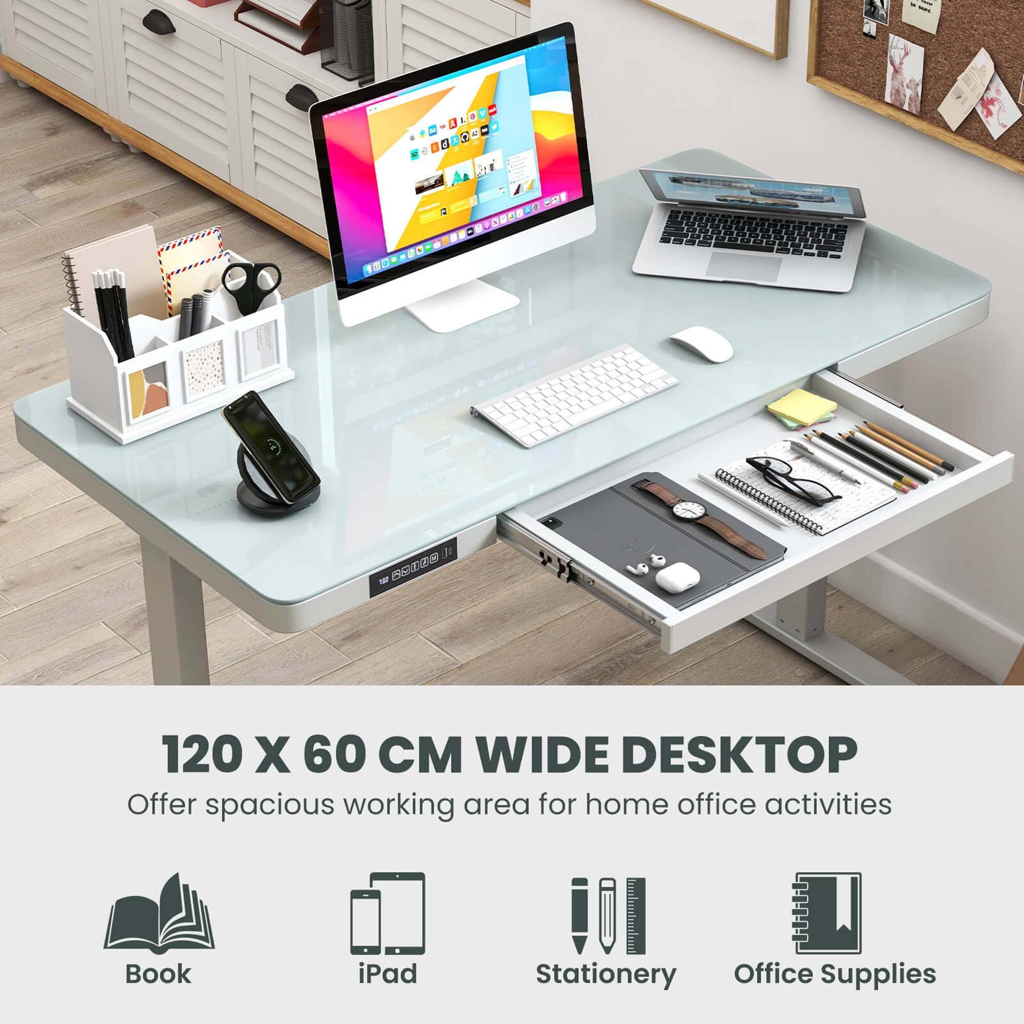 120 X 60 CM WIDE DESKTOP  
Offer spacious working area for home office activities  

Book  
iPad  
Stationery  
Office Supplies