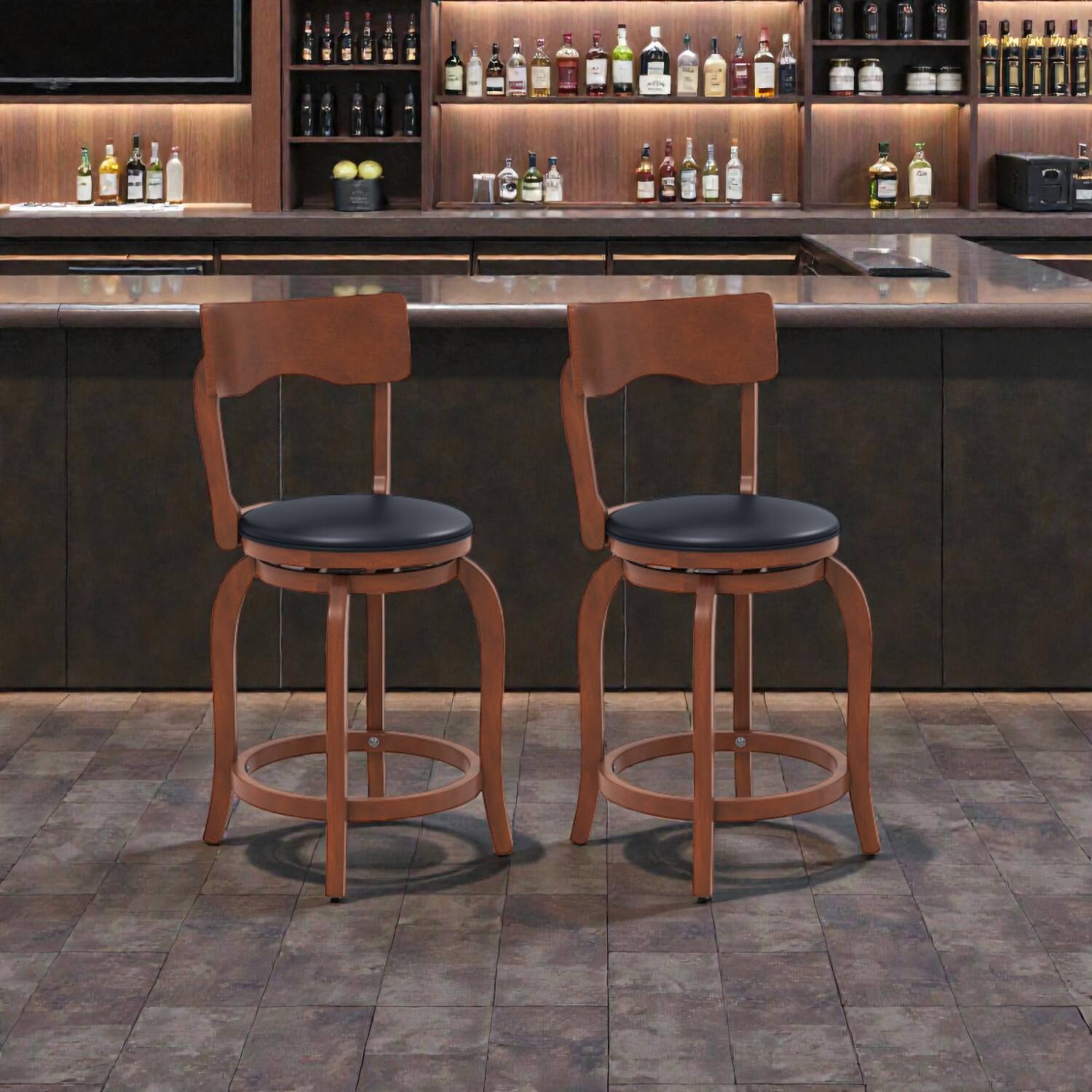 Front. Hivvago - 2-Piece Swivel Bar Stools with Upholstered Seats and Rubber Wood Frame - 24 inches - Black & Brown.