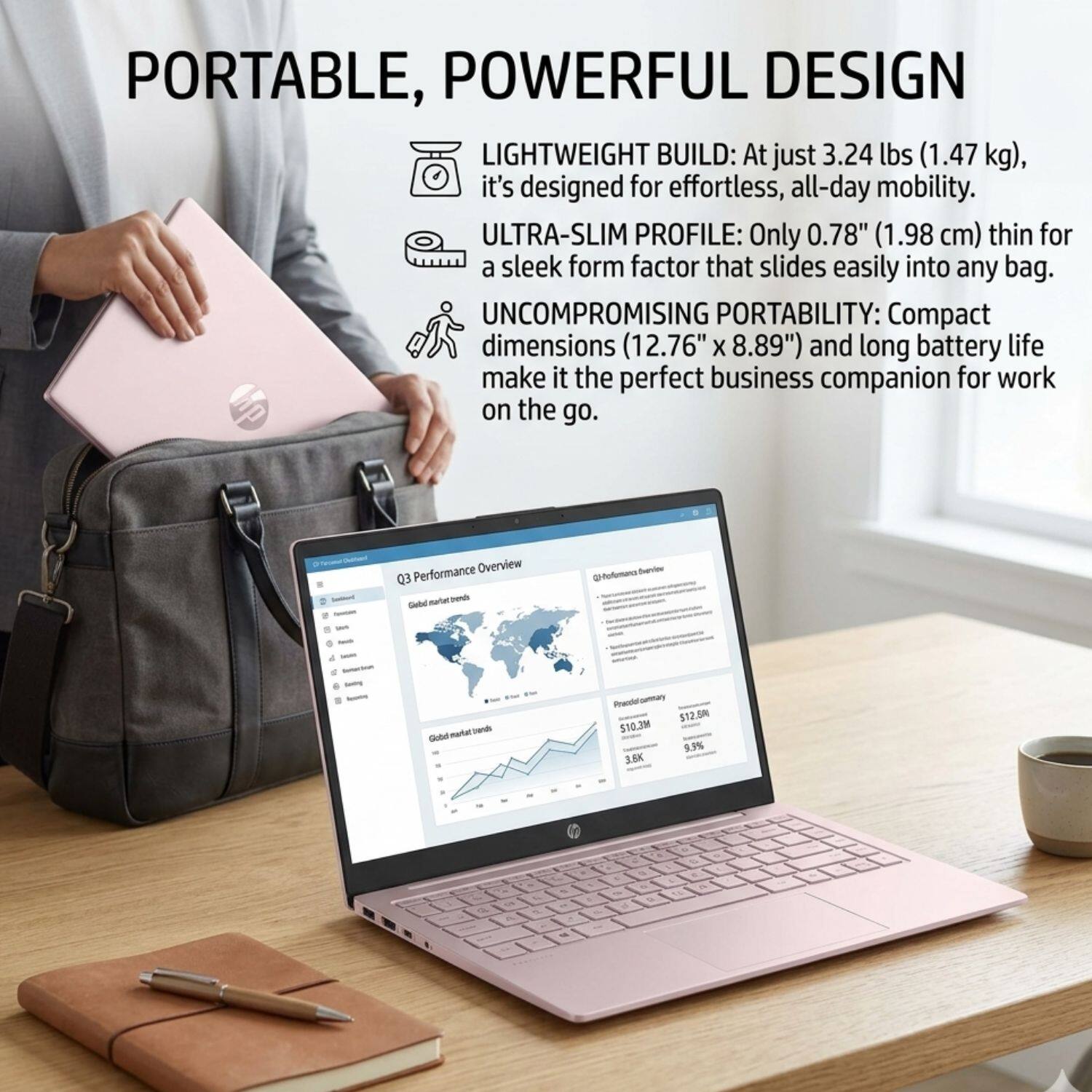 PORTABLE, POWERFUL DESIGN

LIGHTWEIGHT BUILD: At just 3.24 lbs (1.47 kg), it's designed for effortless, all-day mobility.

ULTRA-SLIM PROFILE: Only 0.78" (1.98 cm) thin for a sleek form factor that slides easily into any bag.

UNCOMPROMISING PORTABILITY: Compact dimensions (12.76" x 8.89") and long battery life make it the perfect business companion for work on the go.

Performance Overview

Q3 Gbemprtursend Gatal nutur m - Gubdmuturoeth Panoary Prane 512.5M $10.3M 9.0% 3.5K