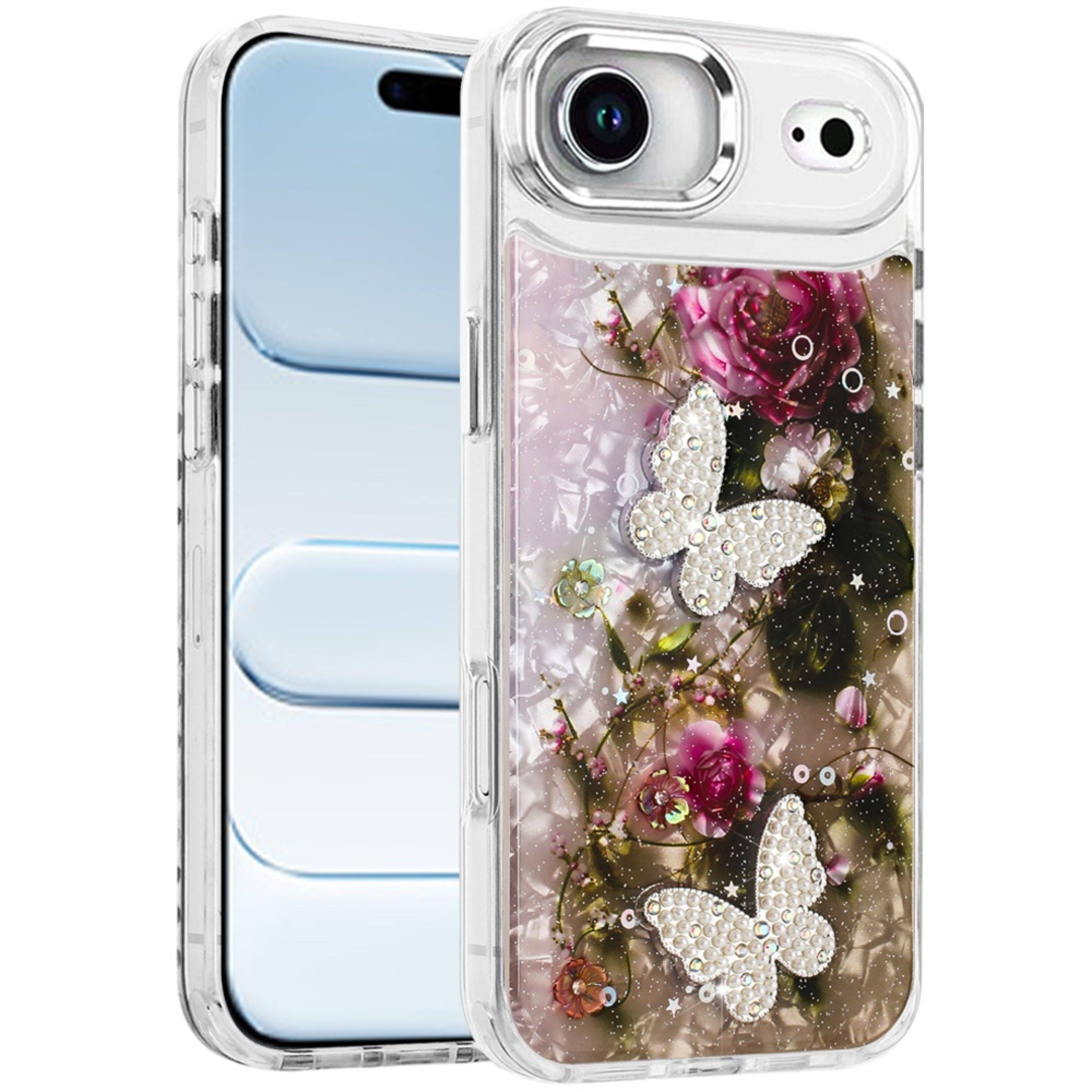 Left. Kitcheniva - 3D Beaded Butterflies Design Epoxy Glitter Phone Case With Tempered Glass For iPhone Air - Multicolor.