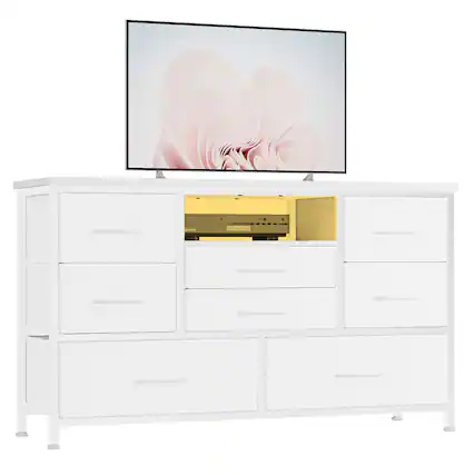 Front. GARVEE - TV Stand for Bedroom, Rustic LED Dresser with 8 Drawer and Power Outlet for 55'' TV, Wood Top Console Table, Open Shelf - White.