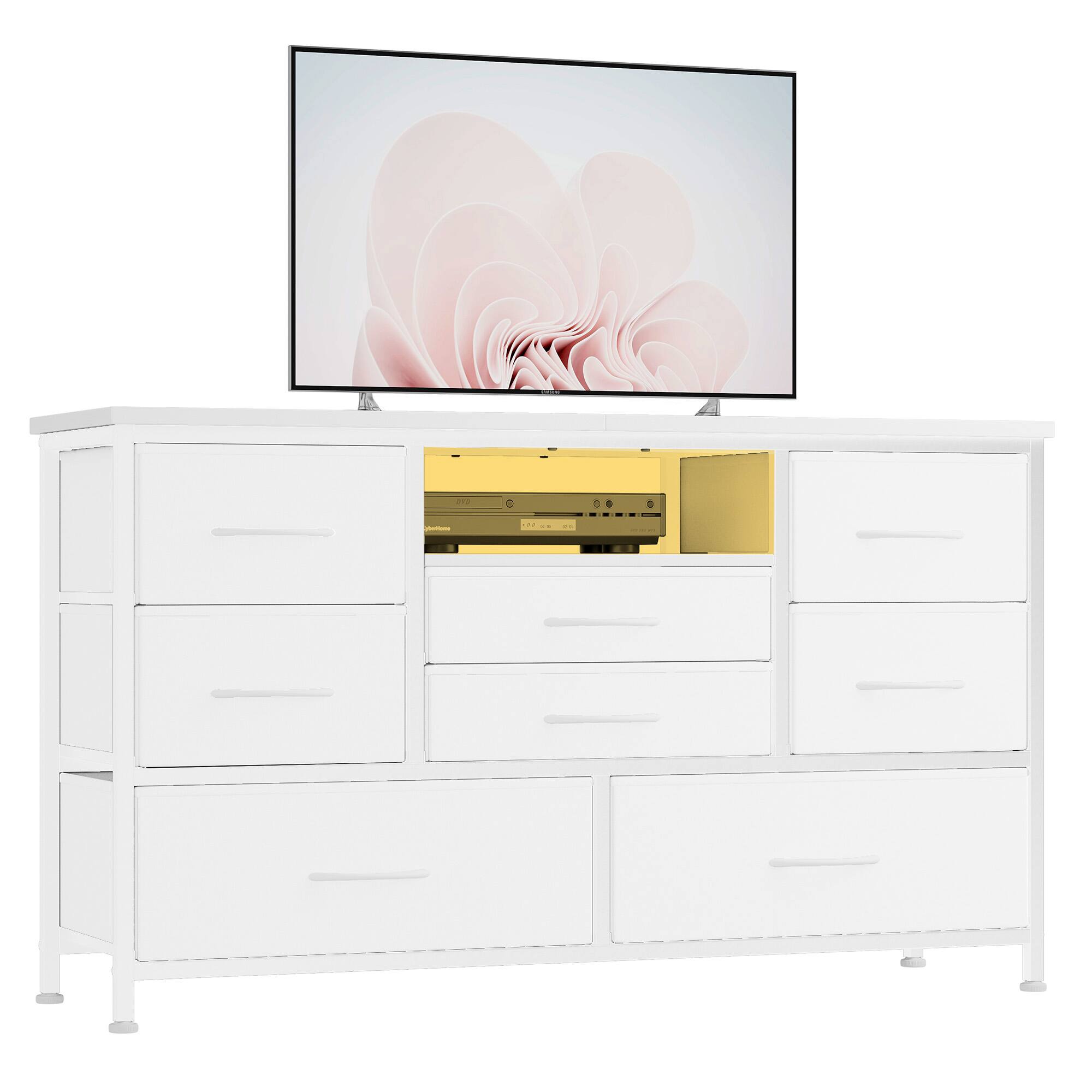 Front. GARVEE - TV Stand for Bedroom, Rustic LED Dresser with 8 Drawer and Power Outlet for 55'' TV, Wood Top Console Table, Open Shelf - White.