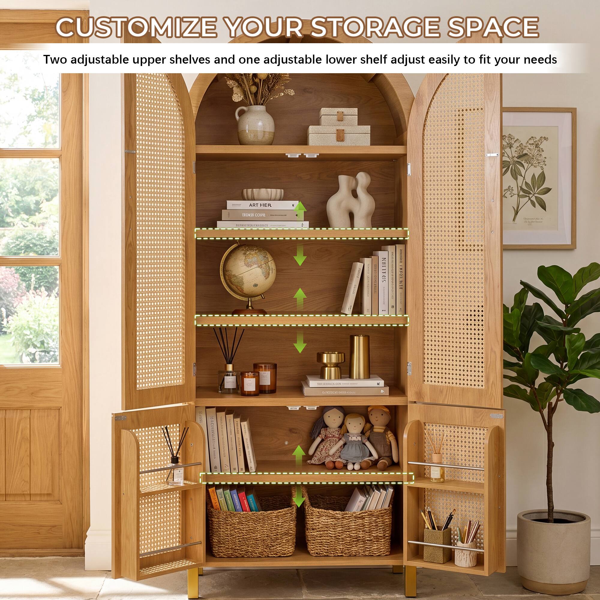 CUSTOMIZE YOUR STORAGE SPACE  
Two adjustable upper shelves and one adjustable lower shelf adjust easily to fit your needs