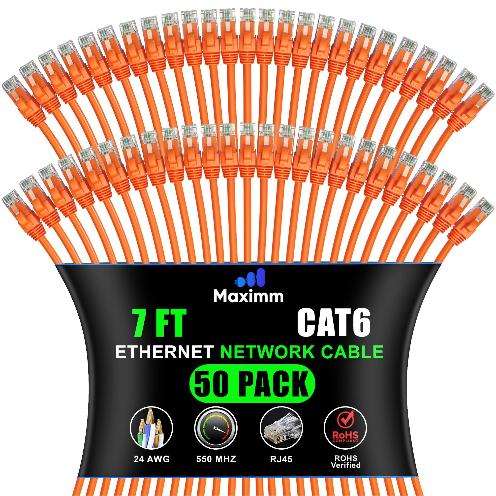 Maximm 7 FT CAT6 ETHERNET NETWORK CABLE 50 PACK  
RoHS COMPLIANT  
24 AWG  
550 MHZ  
RJ45  
ROHS Verified