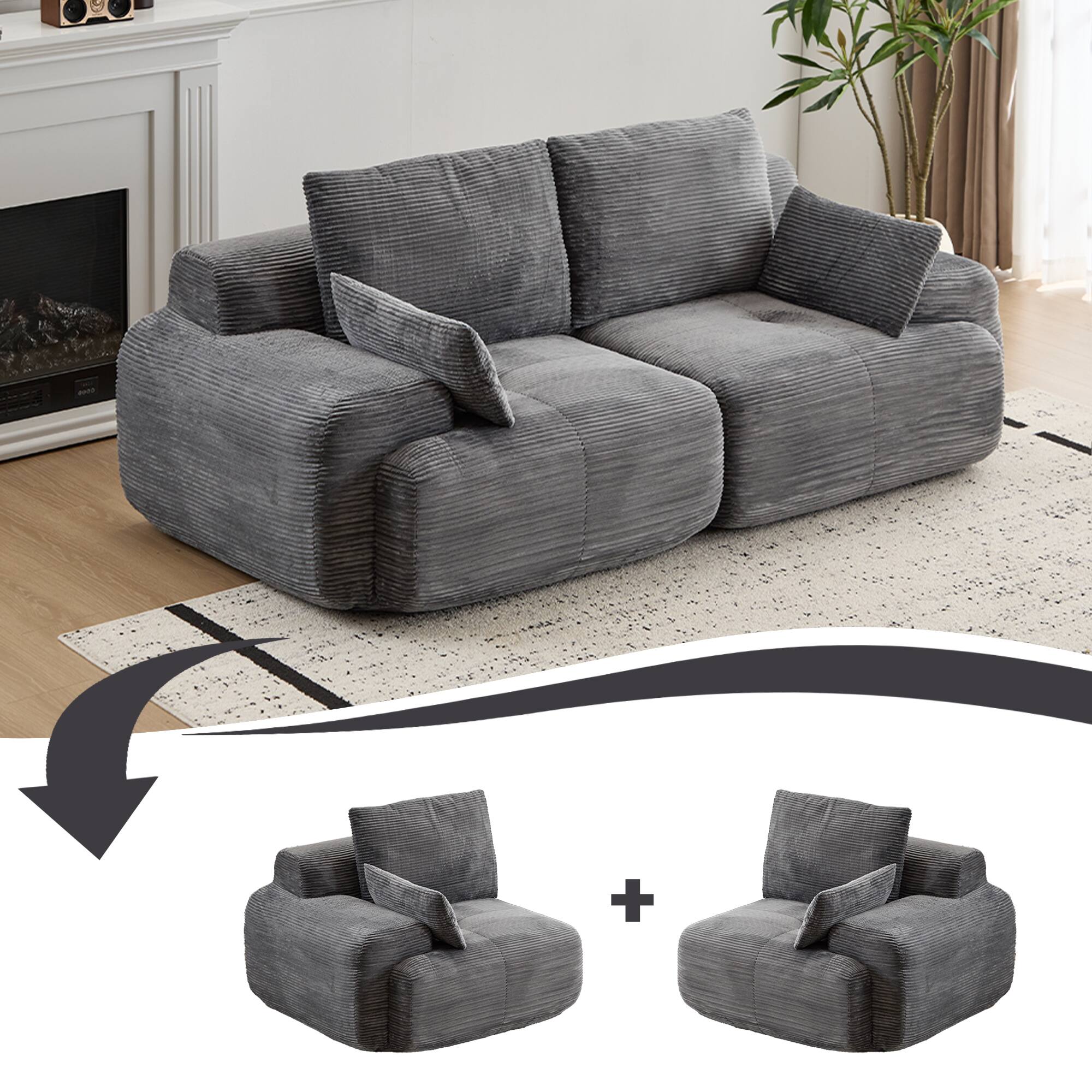 Alt View 3. Whisen - 2-Seater Modular Corduroy Sofa, Memory Foam Cloud Couch, Deep Loveseat for Living Room, No Assembly - Gray.