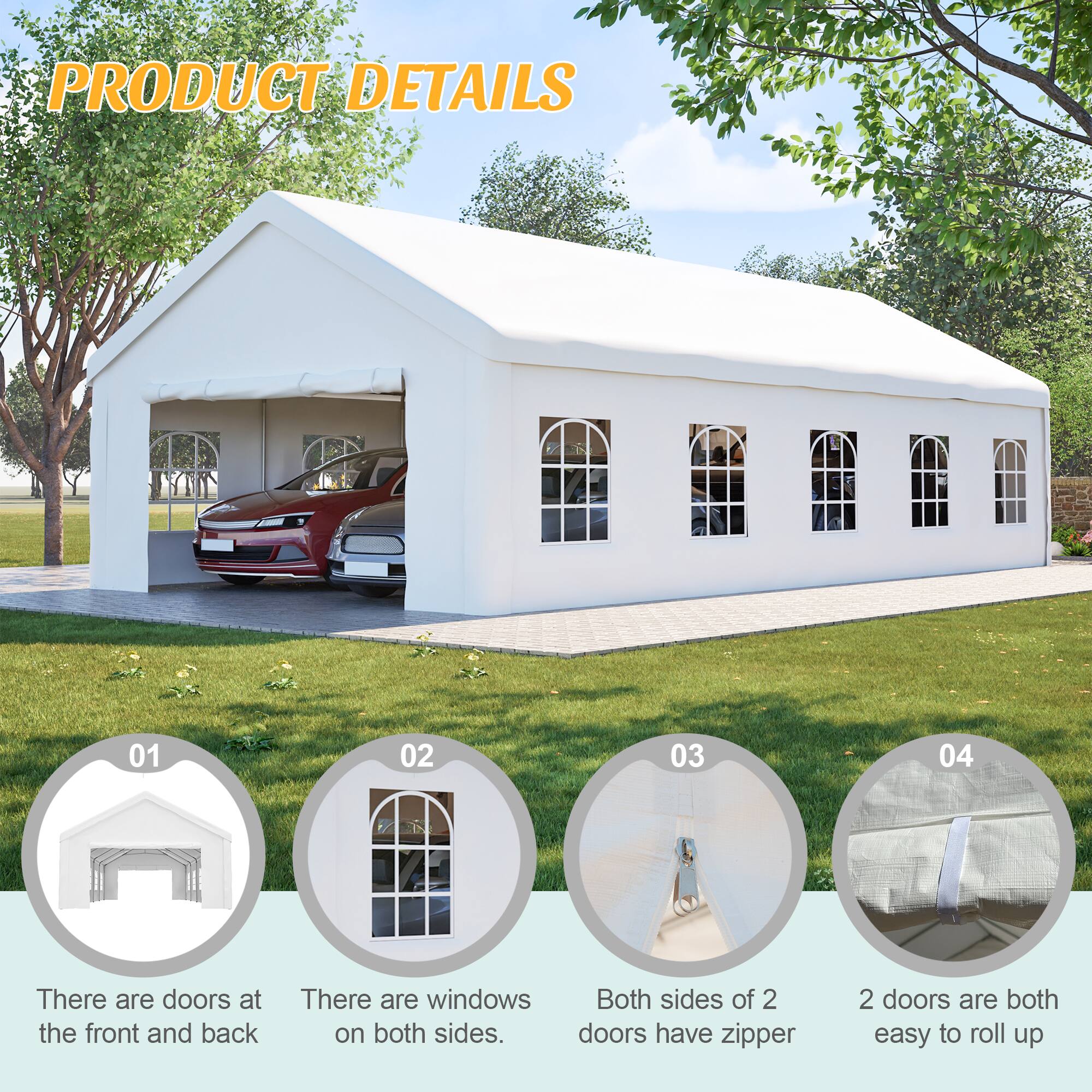 PRODUCT DETAILS

01 There are doors at the front and back

02 There are windows on both sides

03 Both sides of 2 doors have zipper

04 2 doors are both easy to roll up