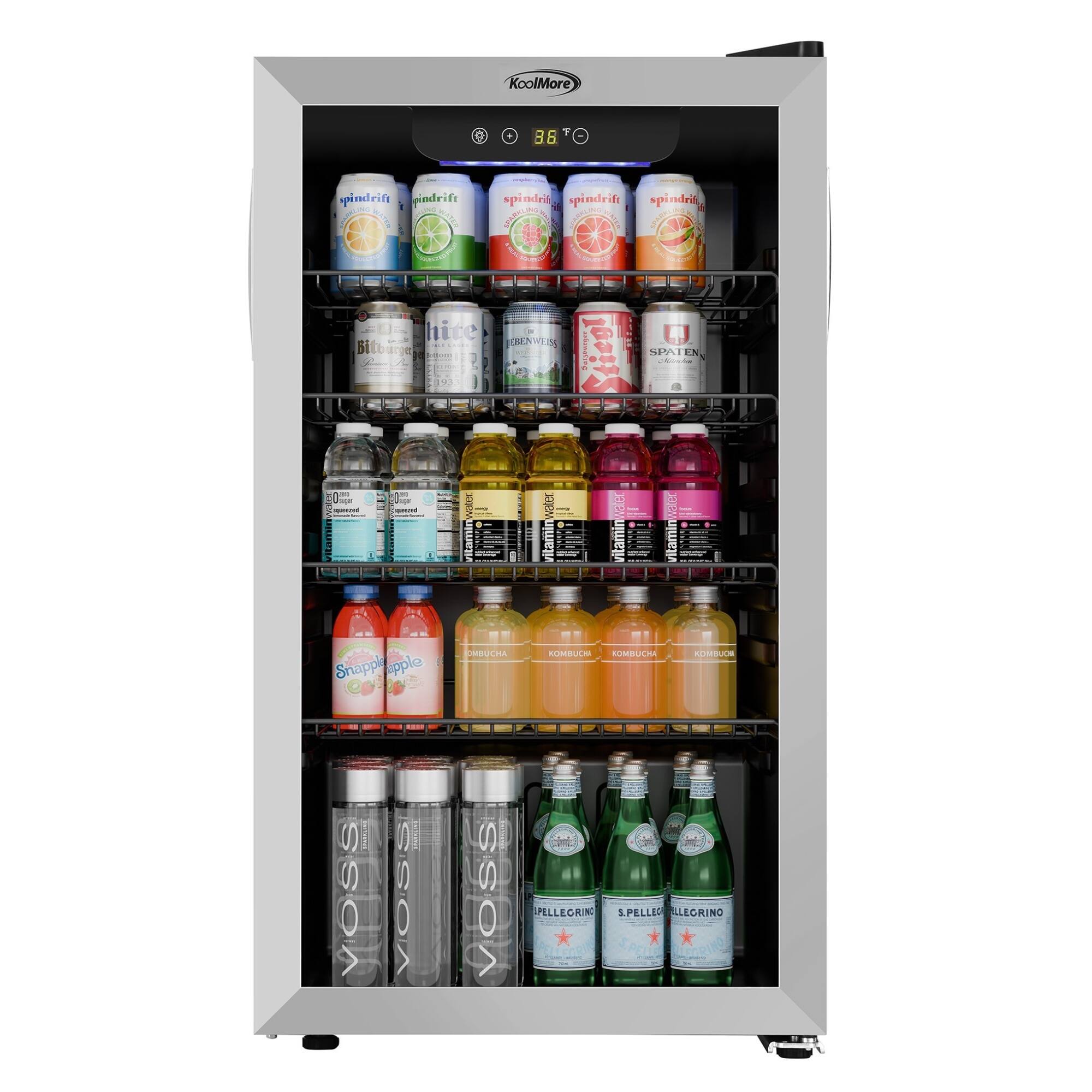 The image shows a refrigerator with a variety of drinks inside. There are multiple bottles of water, including Voss water, and other beverages such as Snapple and soda. The refrigerator is filled with a diverse selection of drinks, making it a convenient place for people to find their preferred beverages.