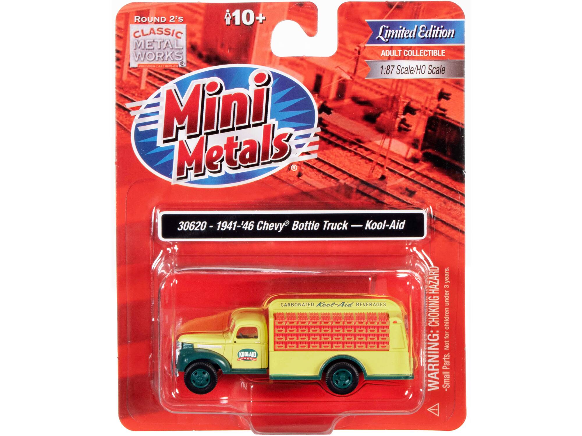 ROUND 2'S 10+ CLASSIC Limited Edition METAL WORKS ADULT COLLECTIBLE 2 SmA 1:87 Scale/HO Scale Mini Metals 30620 - 1941-46 Chevy Bottle Truck - Kool-Aid KDOLAIO CARBONATED Kool-Aid BEVERAGES HAZARD years. 3 under CHOKING children for Not WARNING: Parts. -Small