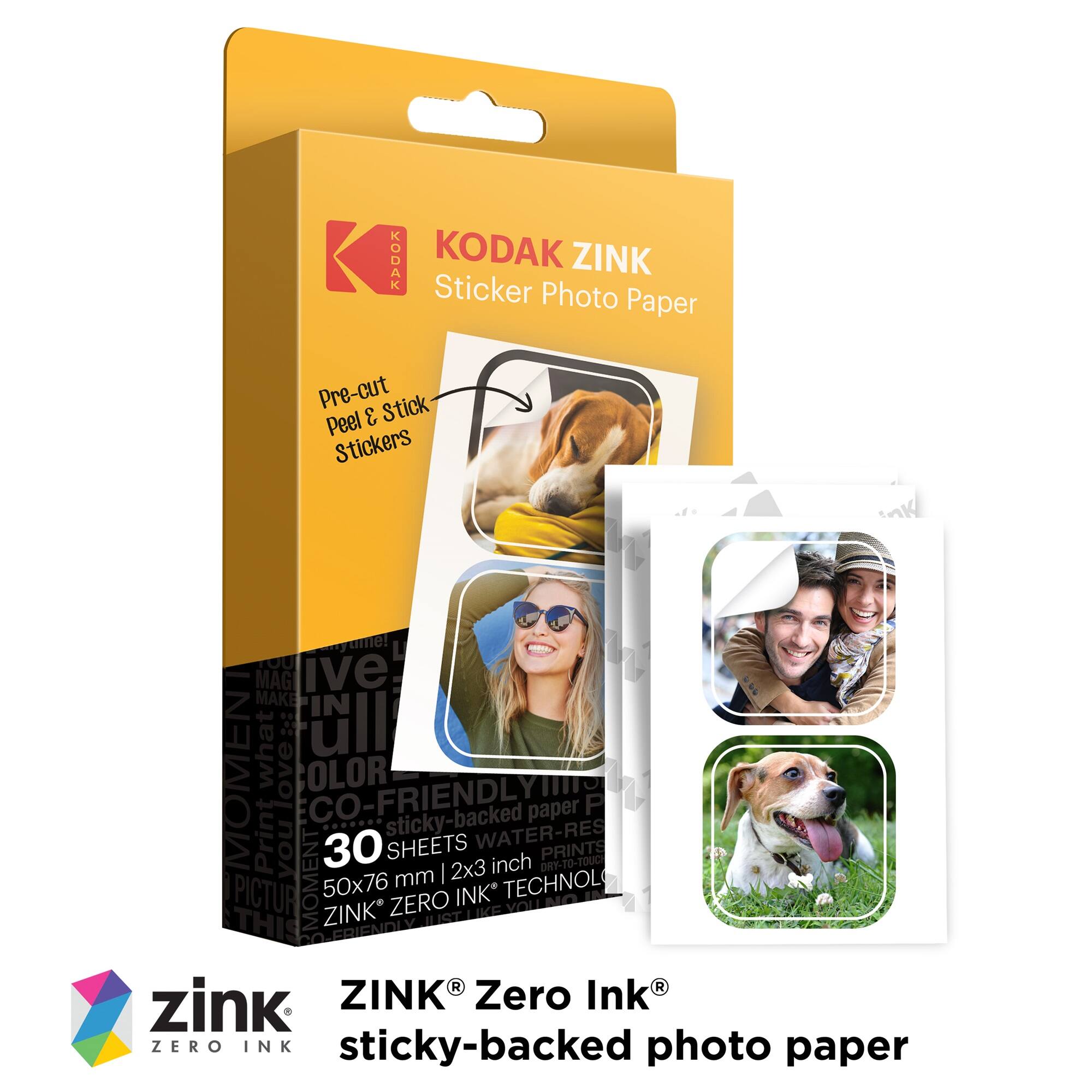 KODAK ZINK Sticker Photo Paper  
Pre-cut Peel & Stick Stickers  

30 SHEETS  
50x76 mm (2x3 inch)  
WATER-RESISTANT  
DRY-TO-TOUCH PRINTS  
ZERO INK TECHNOLOGY  
CO-FRIENDLY!  

ZINK® Zero Ink  
sticky-backed photo paper