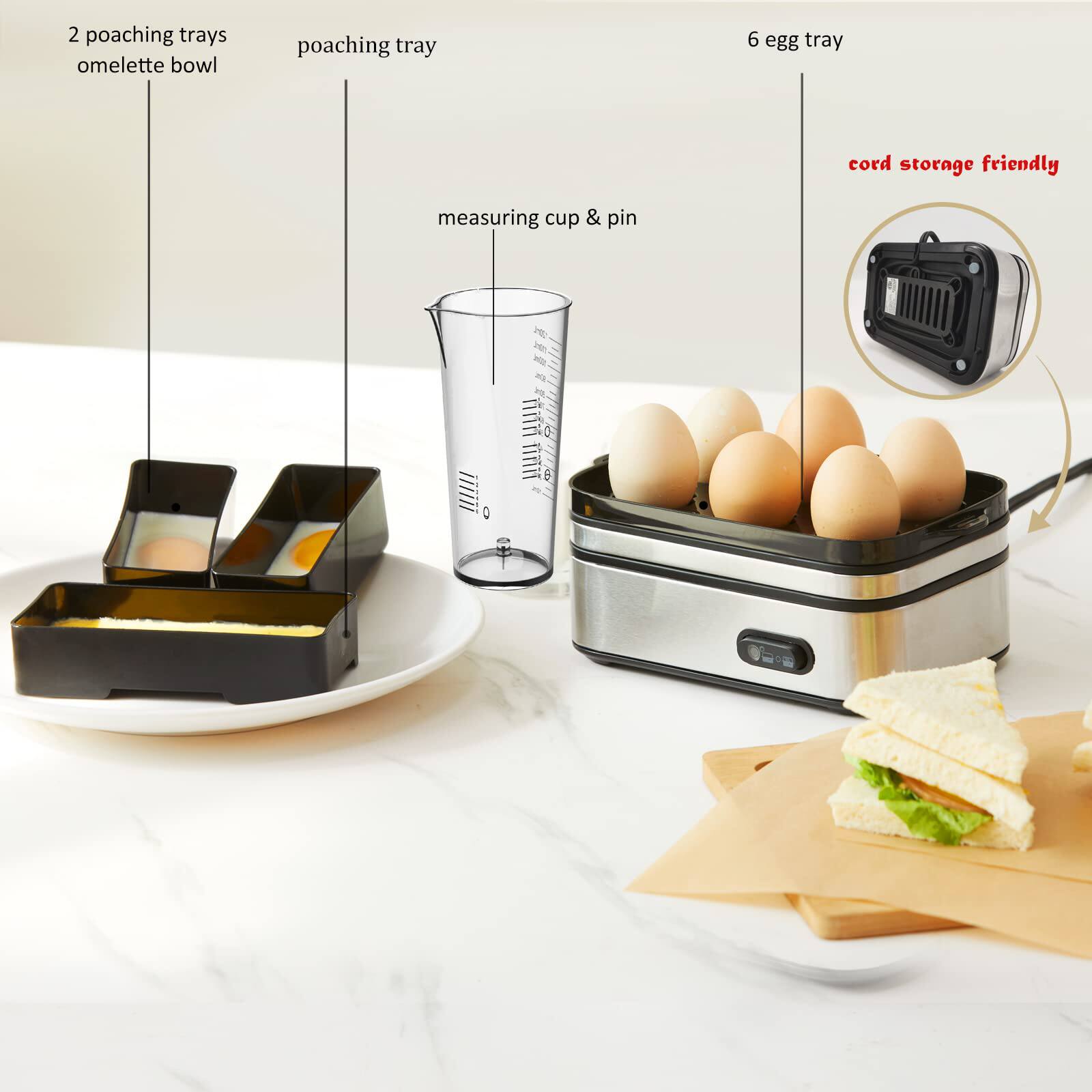 2 poaching trays  
omelette bowl  

poaching tray  

6 egg tray  

measuring cup & pin  

cord storage friendly
